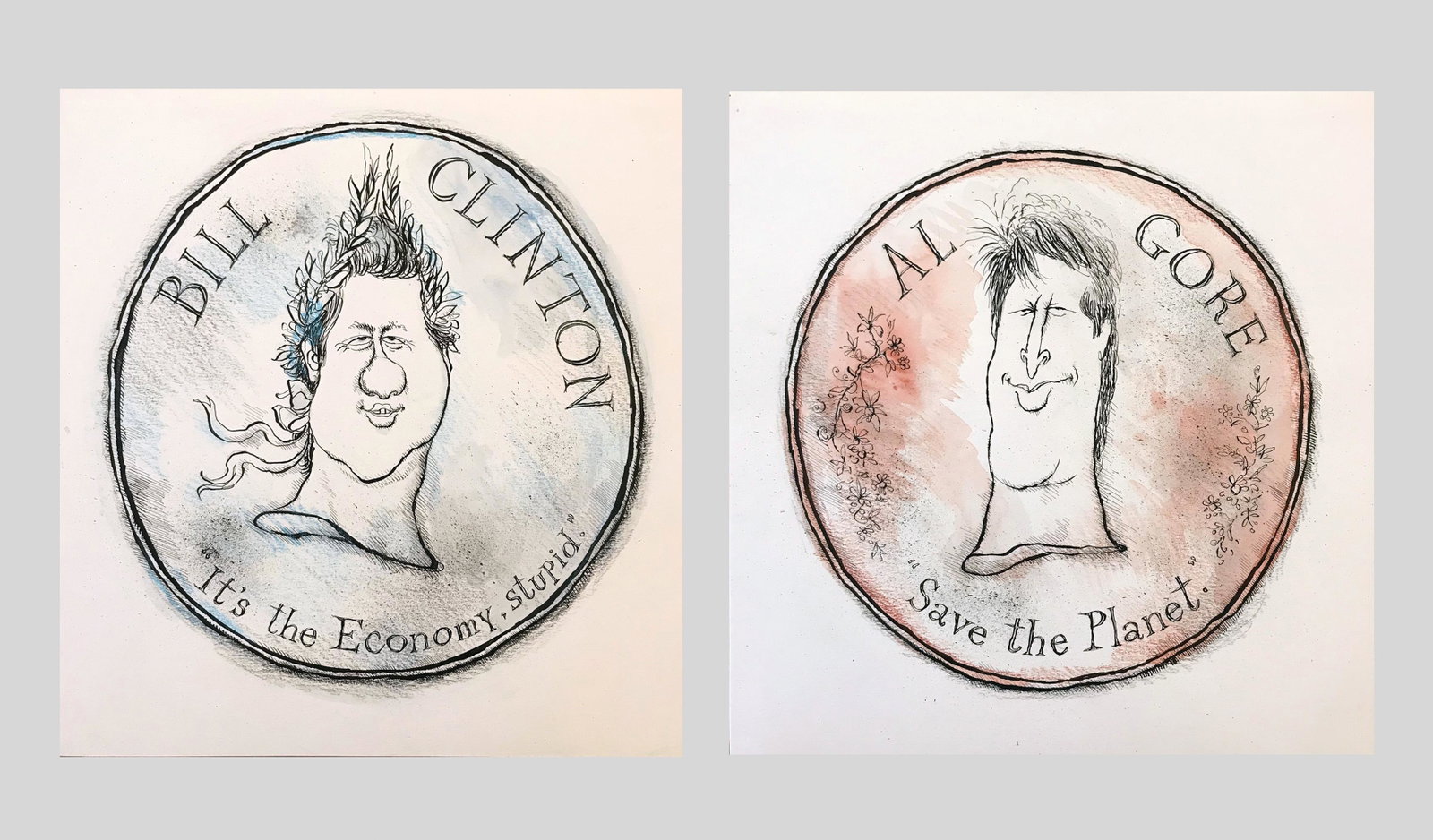 Ronald Searle (1920 - 2011): LOT OF TWO: "Bill Clinton" and "Al Gore" from Coins of the Realm; 1993; Lithograph; 10.5" x 10"; Studio Stamp on Verso