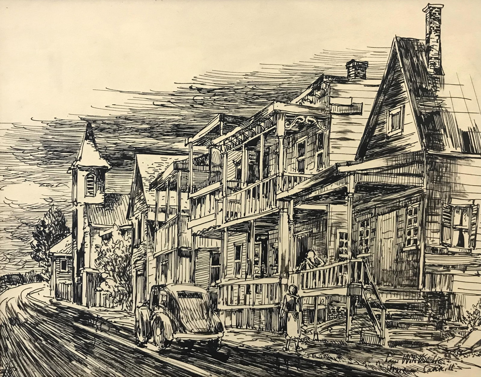 Louis Wolchonok (1898 - 1973): "Street In Catskill, NY"; c. 1940: Ink on Paper; 6" x 7.75"; Signed Lower Right; Unframed.