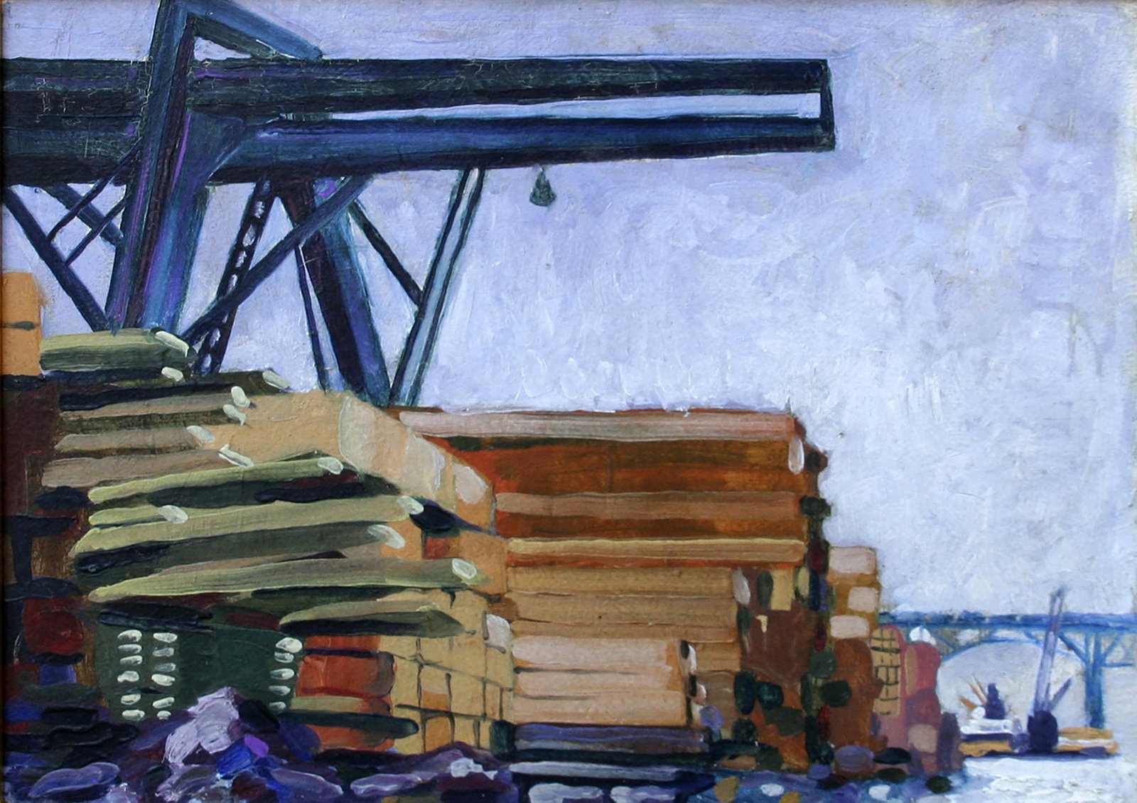 Thomas Barrett: "Dutton Lumberyard - Poughkeepsie, NY"; 1930; Oil on Board; 11.75" x 16"; Signed on Verso; Framed