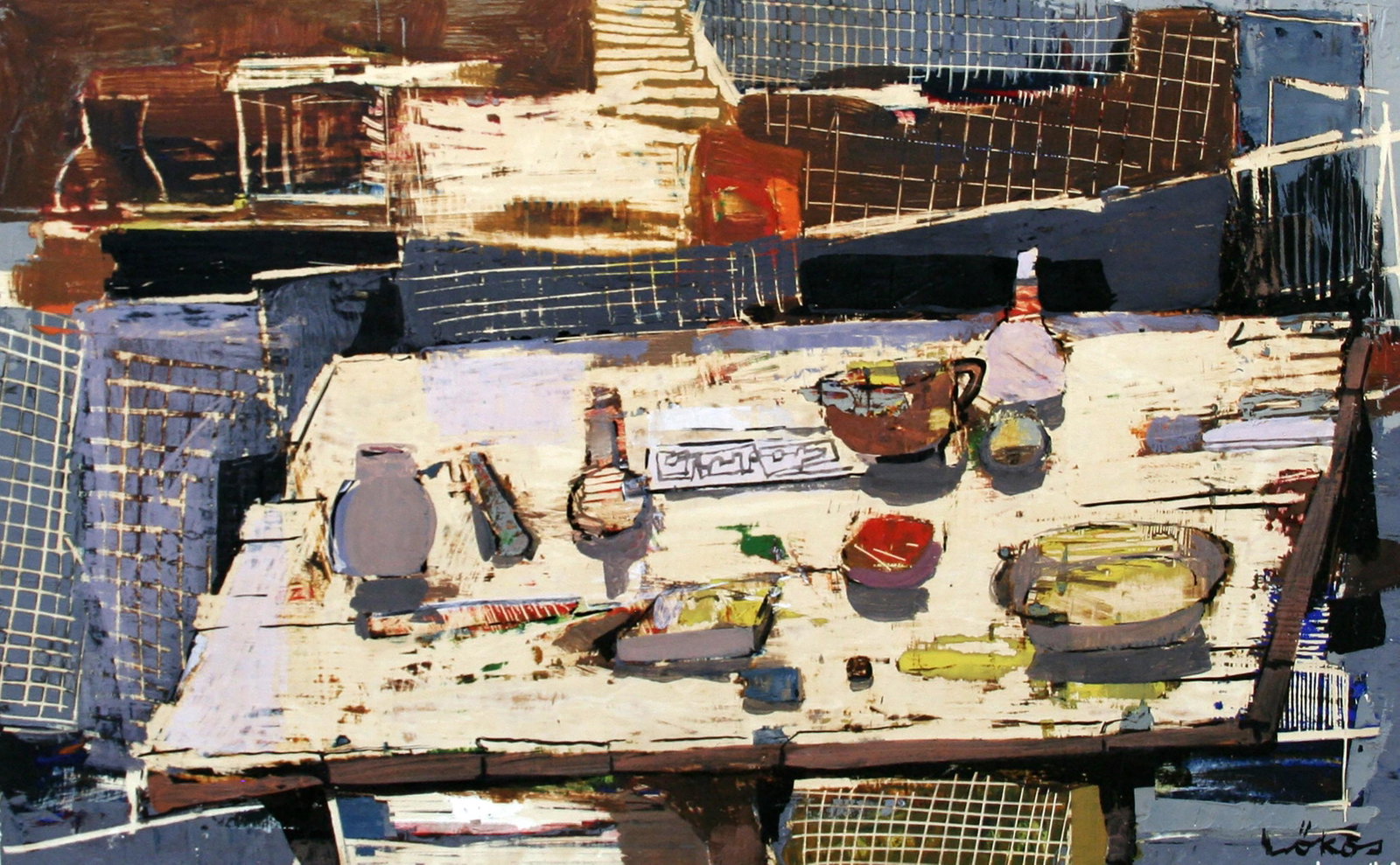 Stefan Lokos (1913-1994): "Happy Table"; c. 1970; Oil on Board; 13.25" x 21.5"; Signed Lower Right; Framed.