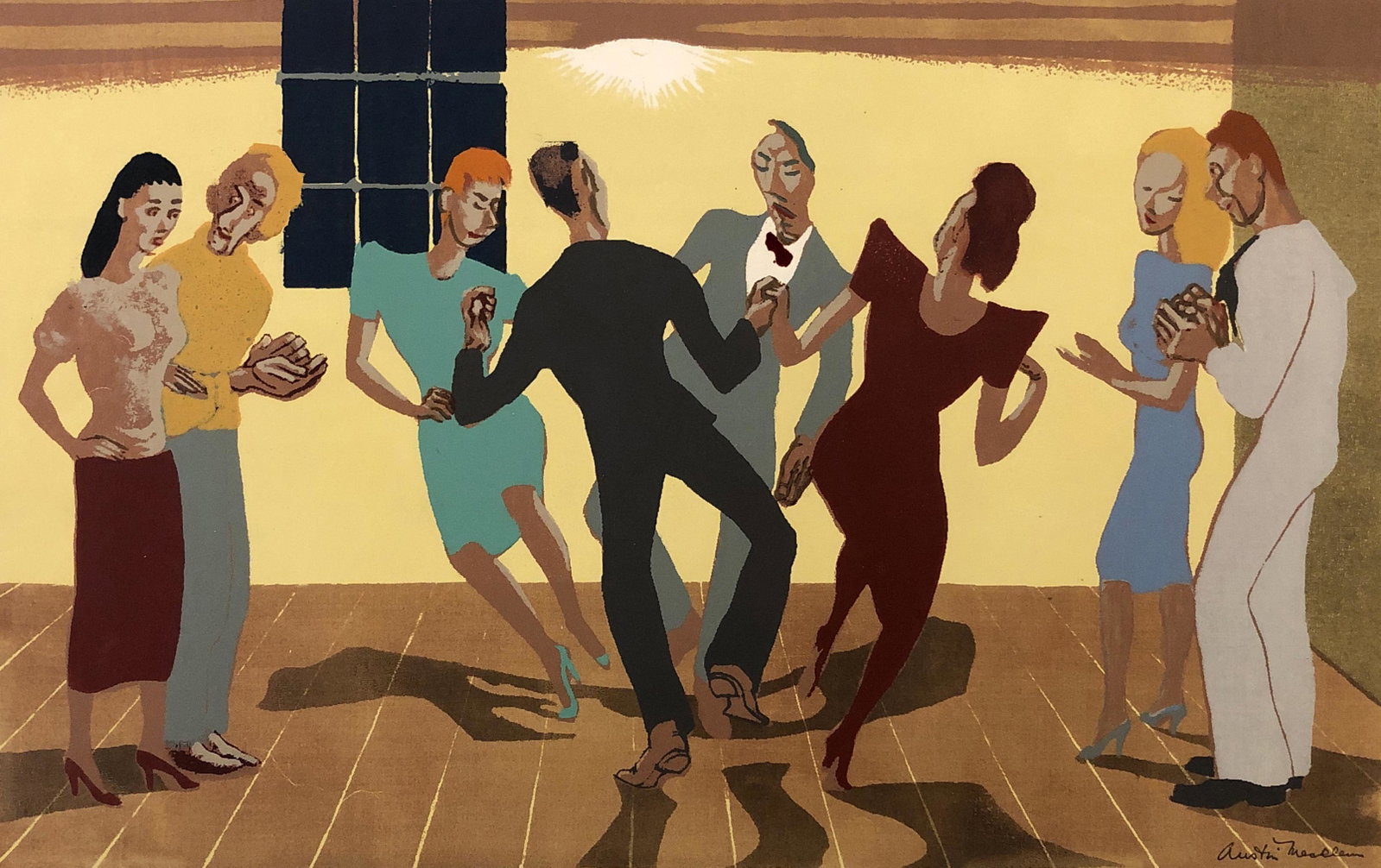 Austin Mecklem (1894-1951): "Dance Party"; c. 1950; Serigraph; 10.5" x 16.75"; Signed Lower Right (in plate); Unframed; Note: foxing in margins
