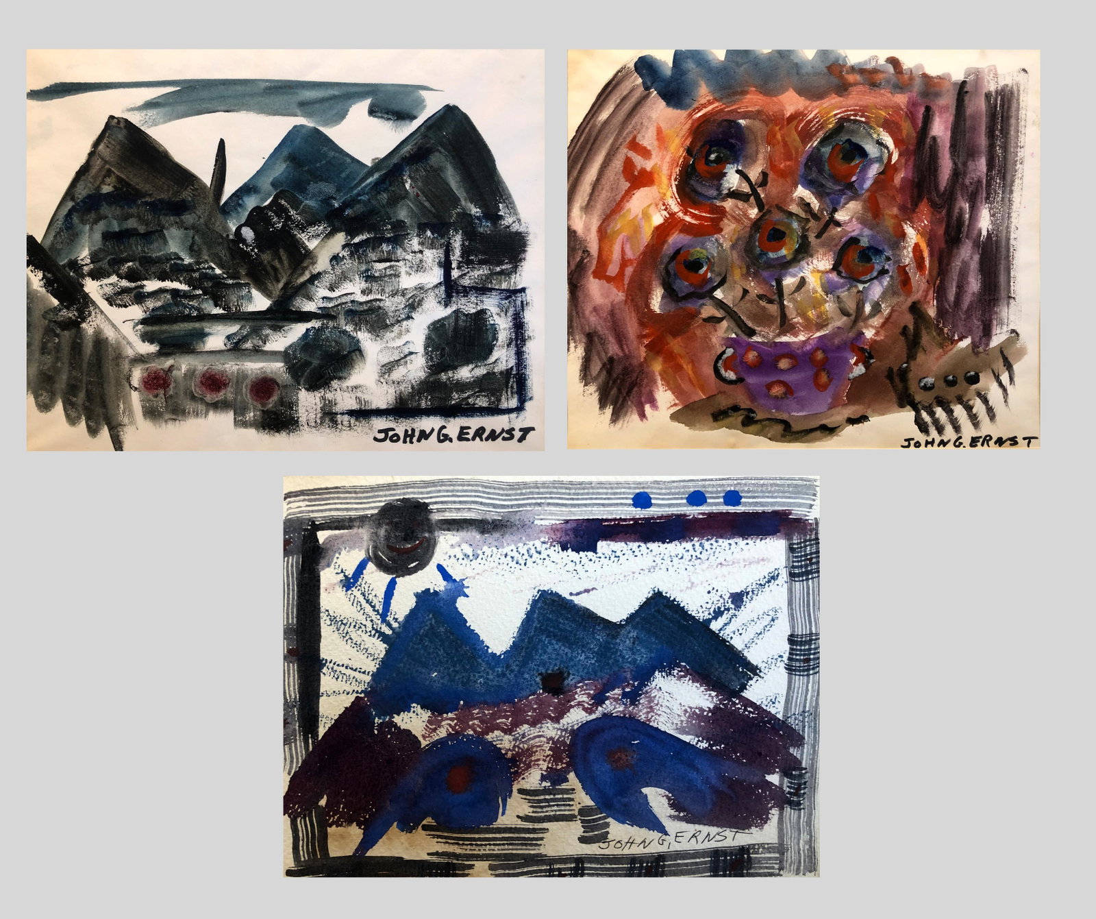 John G. Ernst (1920 - 1995): LOT OF THREE: A. "Mountain Landscape"; c. 1980; Watercolor on Paper; 8" x 11"; Signed Lower Right / B. "Still Life"; c. 1980; Watercolor on Paper; 9.5" x 11.25"; Signed Lower Right / C. "Blue Mountain