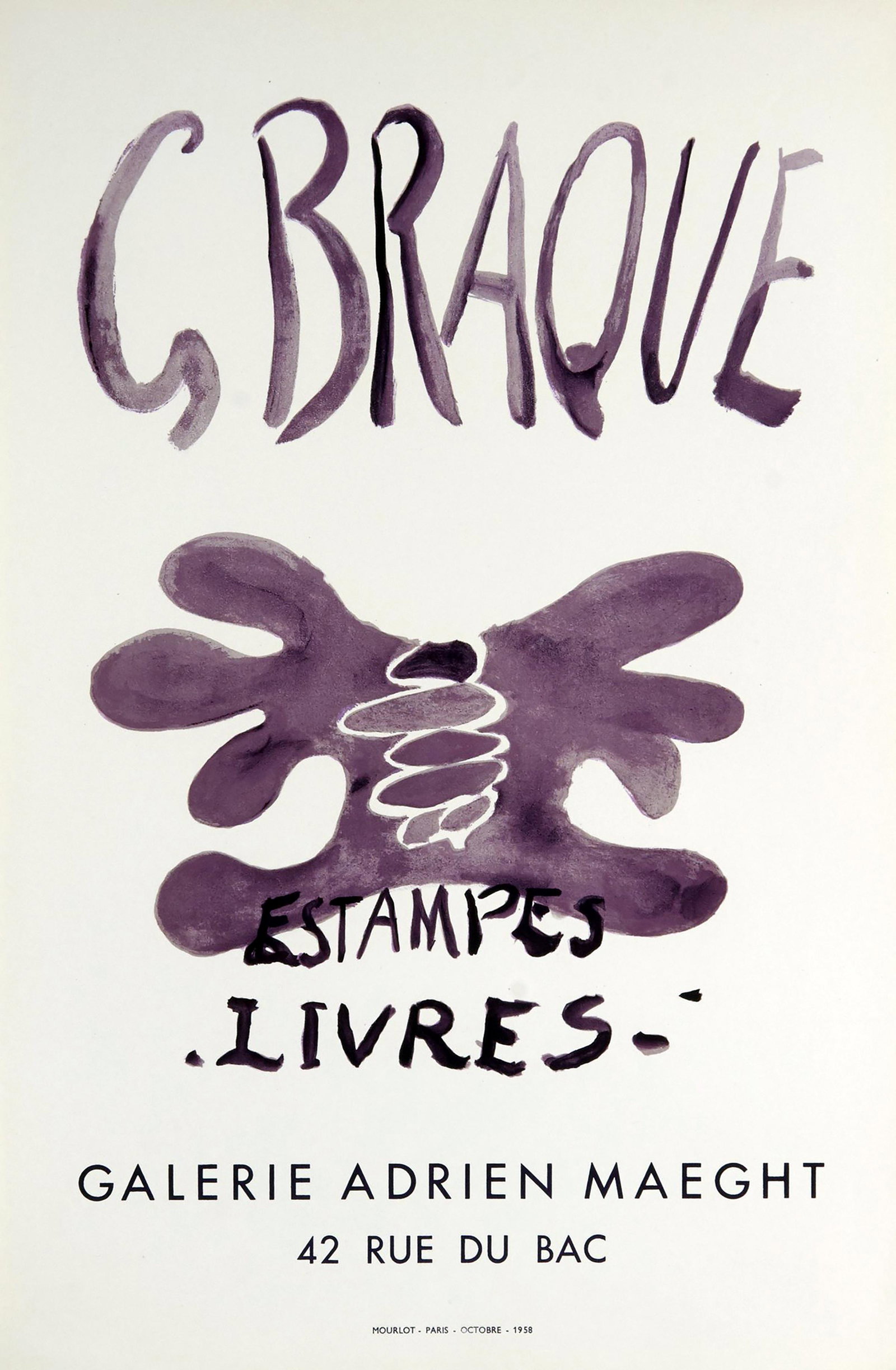 George Braques (1882 - 1963): "Estampes - Livres, Octobre 1958 - Galerie Adrien Maeght - Exhibition Poster"; 1958; Lithograph; 23.5" x 15.5"; Unframed; Note: printed by Mourlot, Paris.