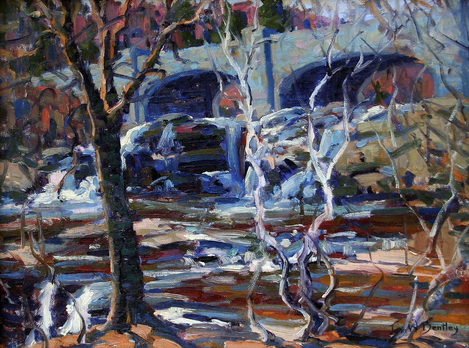 John W. Bentley (1880-1951): "Concrete Bridge - Twilight Park, NY"; c. 1940; Oil on Board; 11.5" x 15.25"; Signed Lower Right; Framed.