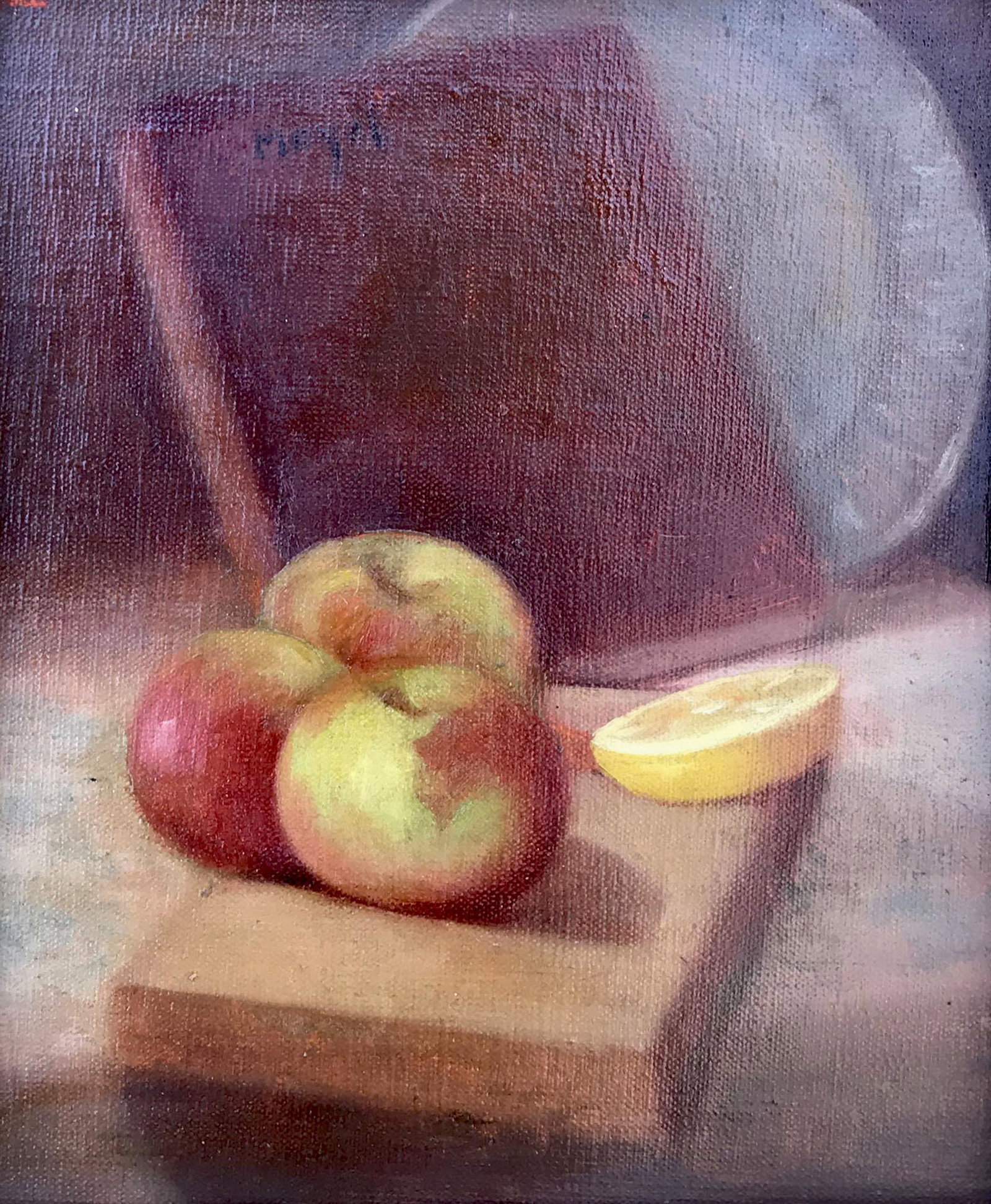 Unknown: "Still-Life with Apples and Lemon Slice"; 20th Century; Oil on Canvas; 10" x 8"; Signed Upper Left (Illegibly); Framed; Note: signature possibly reads "Meyel".