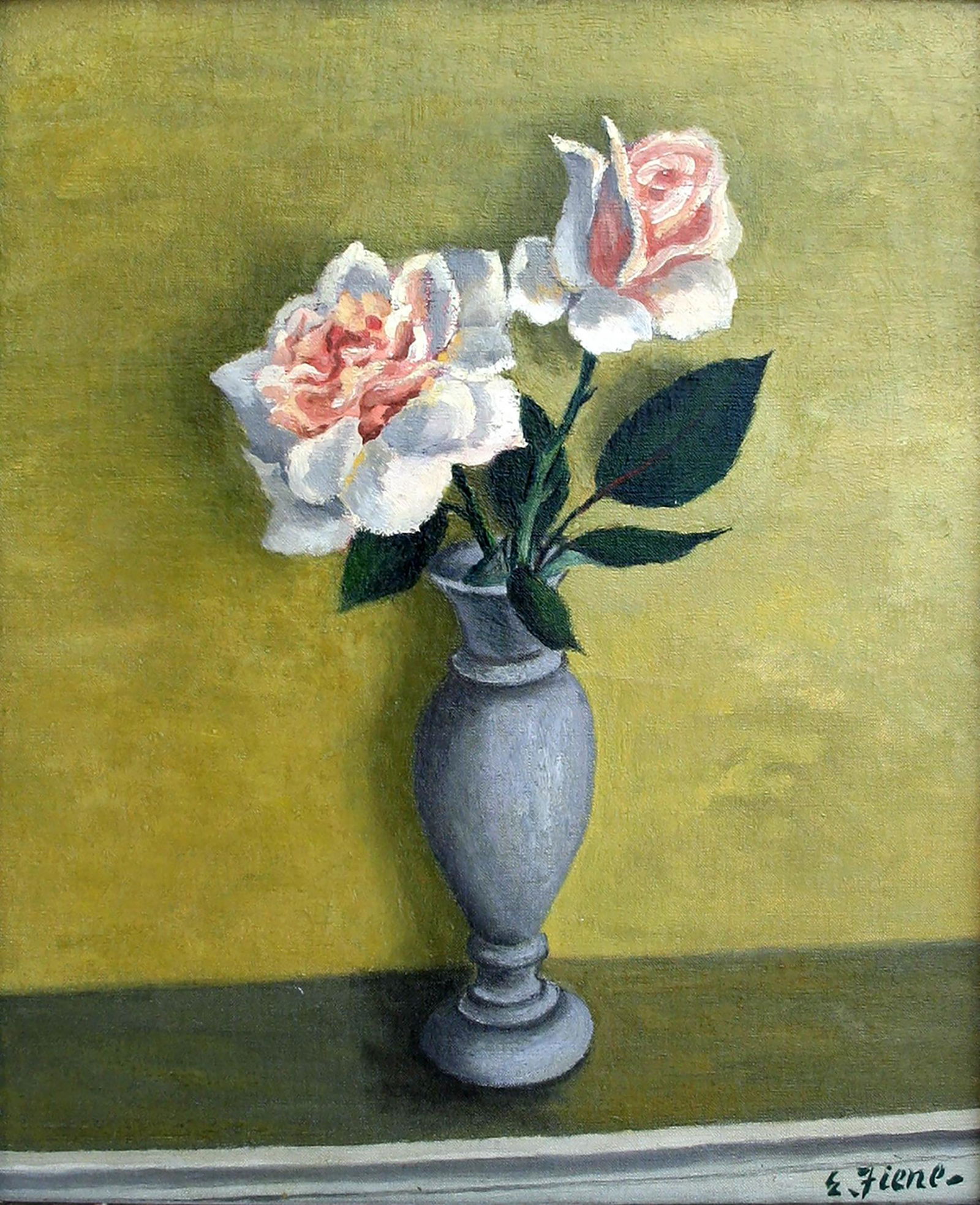 Ernest Fiene (1894 - 1965): "Roses in a Vase"; c. 1950; Oil on Canvas; 18" x 16"; Signed Lower Right; Framed; Note: "D. Wigmore Fine Art, NYC" label on verso; original sgraffito handcrafted frame.