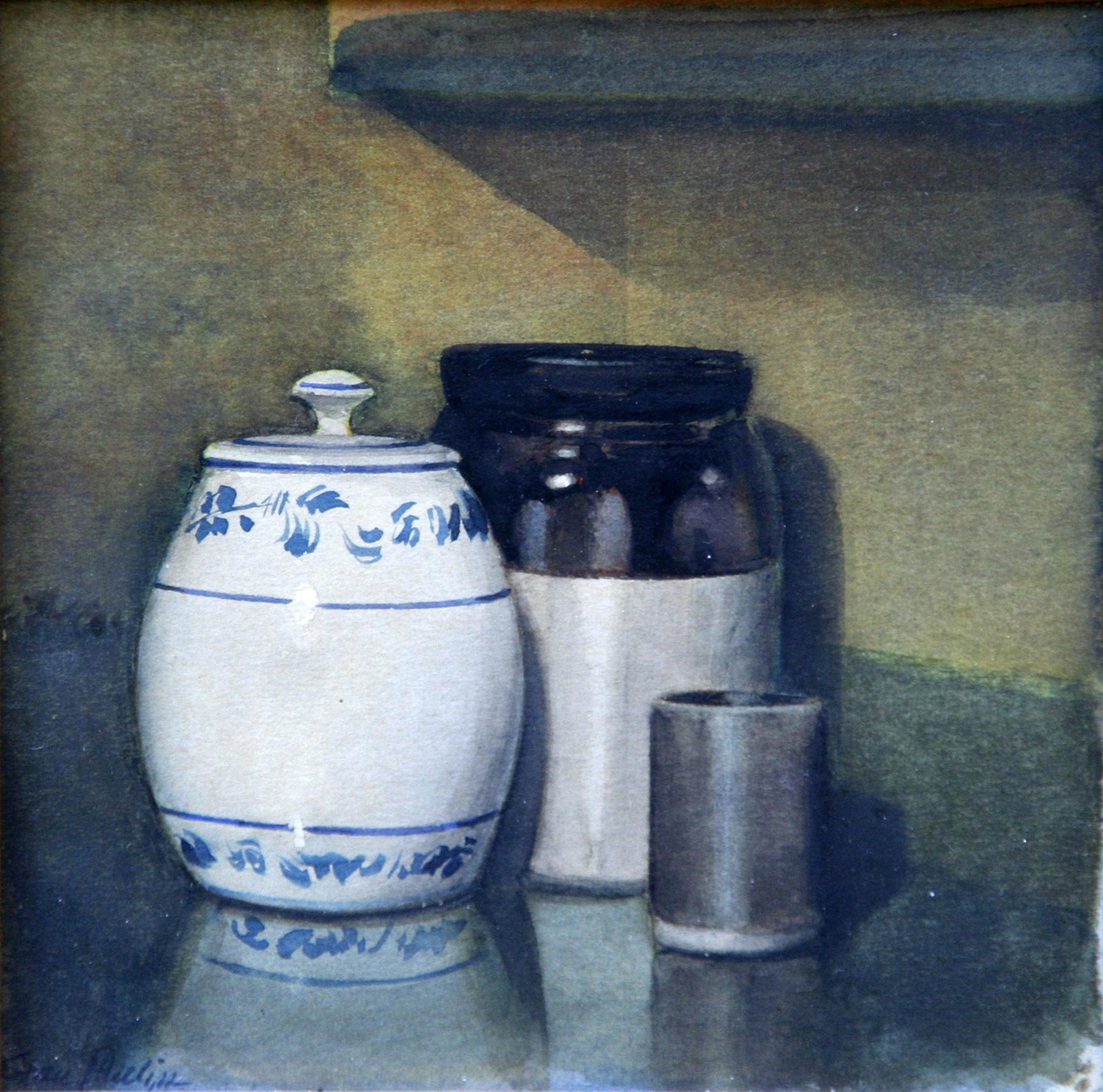 Stan Phillips (1924 - 2012): "Still-Life - Three Vessels"; c. 1990; Watercolor on Board; 5" x 5"; Signed Lower Left; Framed (under glass).