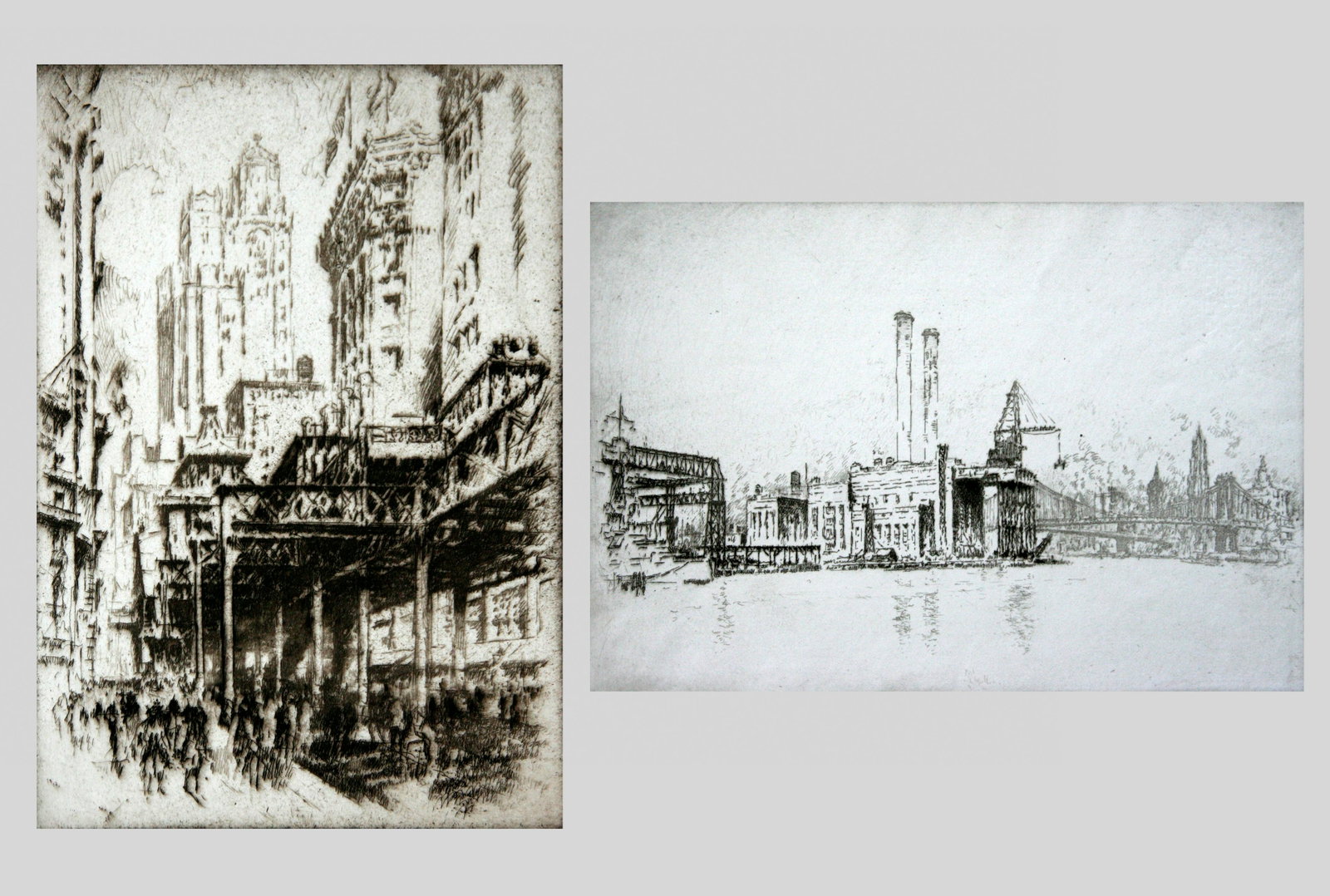 Joseph Pennell (1857 - 1926): LOT OF TWO: A. "The Elevated - New York City"; 1921; Etching; 10" x 7"; Signed Lower Right / B. "Hudson Avenue Completed, Brooklyn Edison Co."; 1923; Etching; 9" x 12.75"; Signed Lower Right; Unframed