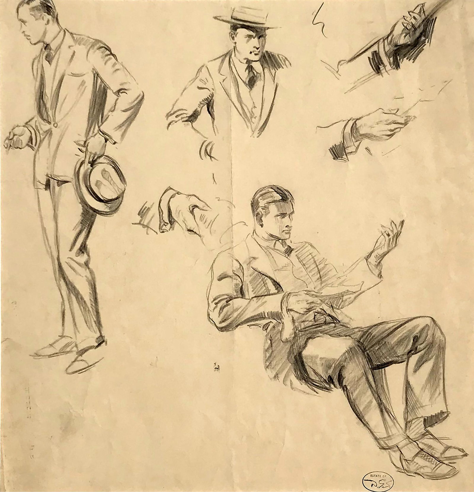 Dudley Summers (1892 - 1975): "Figure Studies of a Gentleman"; c. 1940; Graphite on Paper; 12" x 12"; Estate Stamp Lower Right; Unframed; Note: center crease.