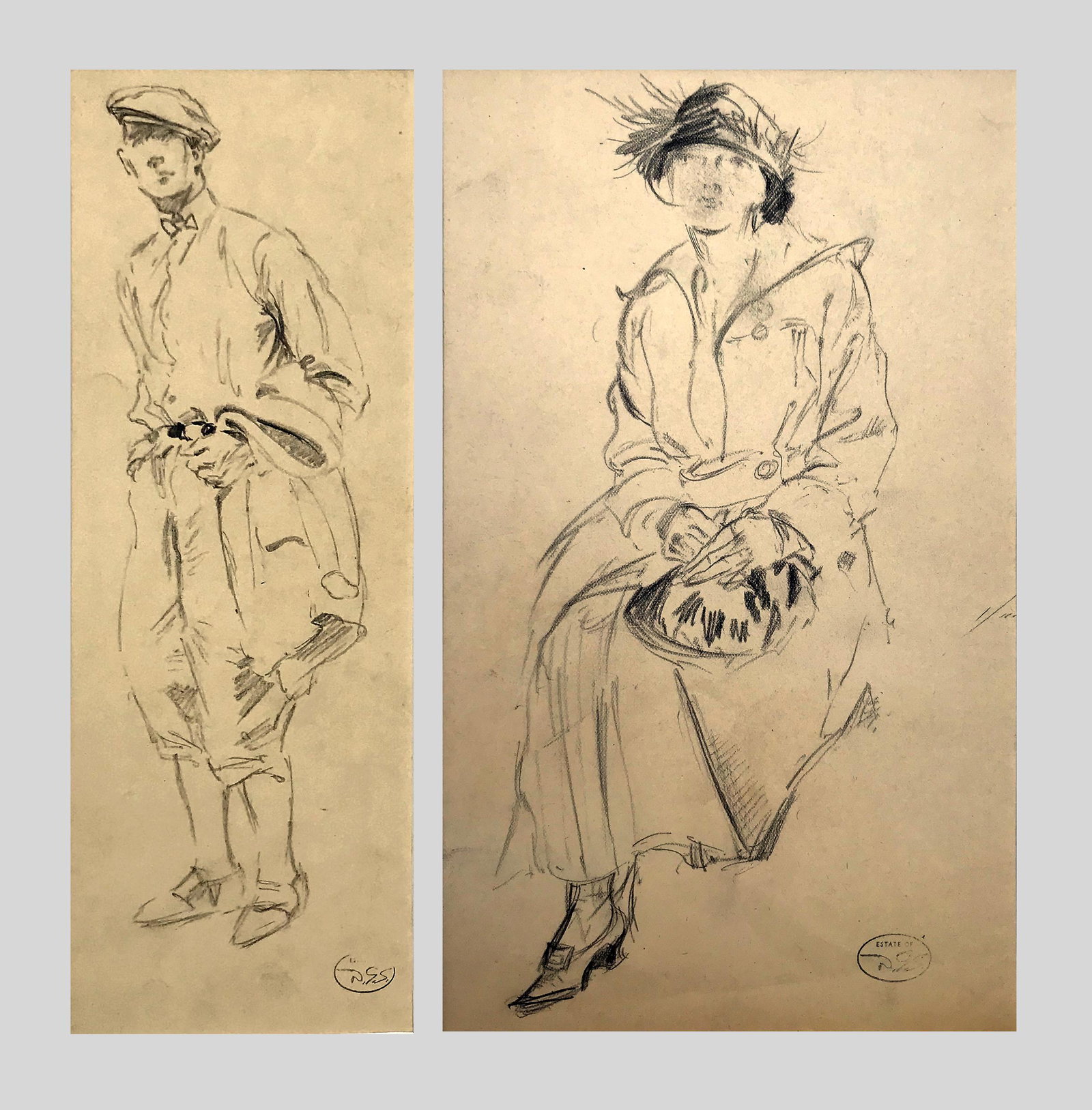 Dudley Summers (1892 - 1975): LOT OF TWO: A. "Man Standing"; c. 1940; Graphite on Paper; 11" x 4"; Estate Stamp Lower Right/ B. "Woman Sitting"; c. 1940: Graphite On Paper; 9.75" x 6"; Estate Stamp Lower Right. Both unframed.