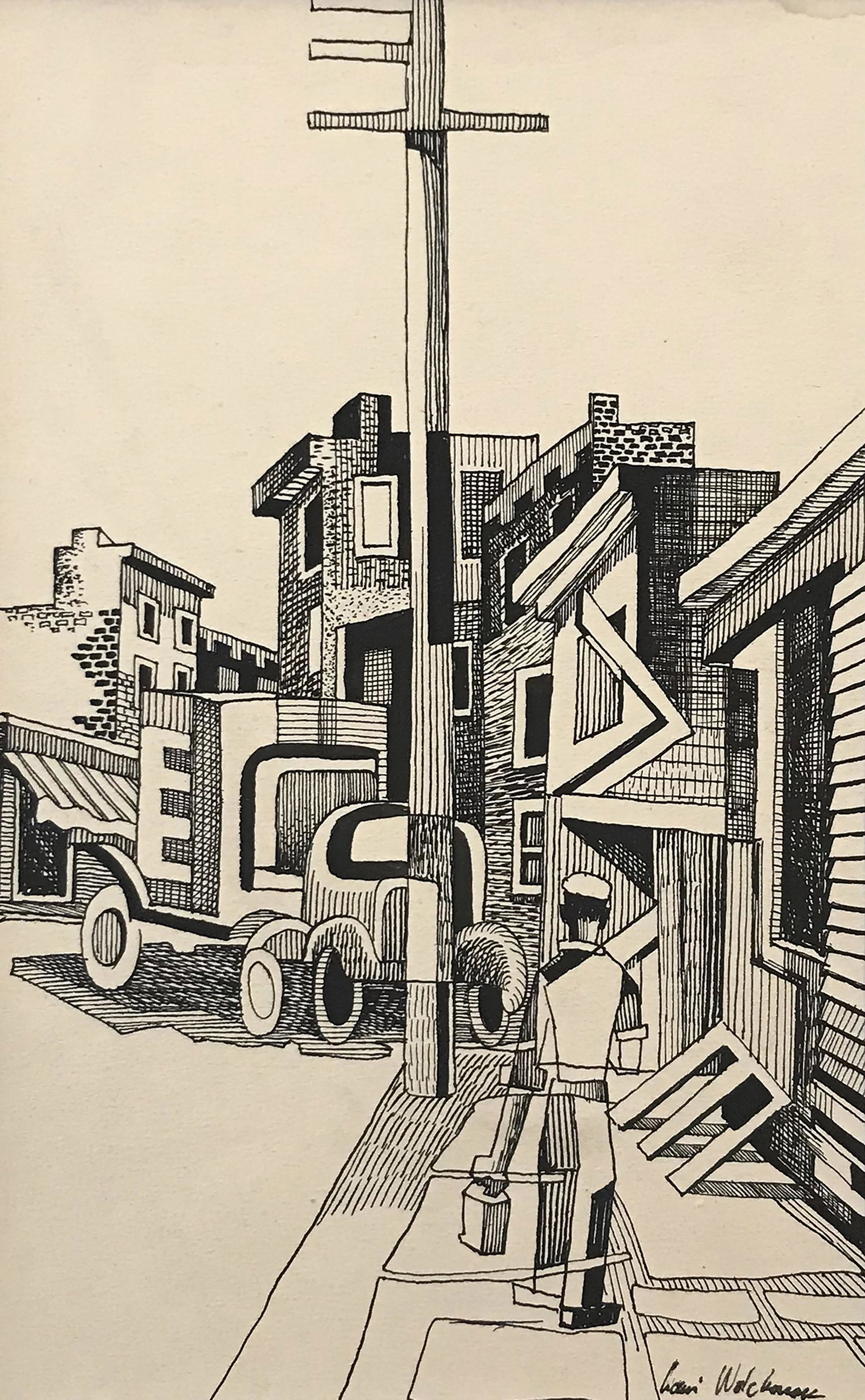 Louis Wolchonok (1898 - 1973): "Street Scene Design - Man with Lunch Pail"; c. 1945; Ink on Paper; 7.75" x 4.5"; Signed Lower Right; Unframed; Note: water stain upper right corner.
