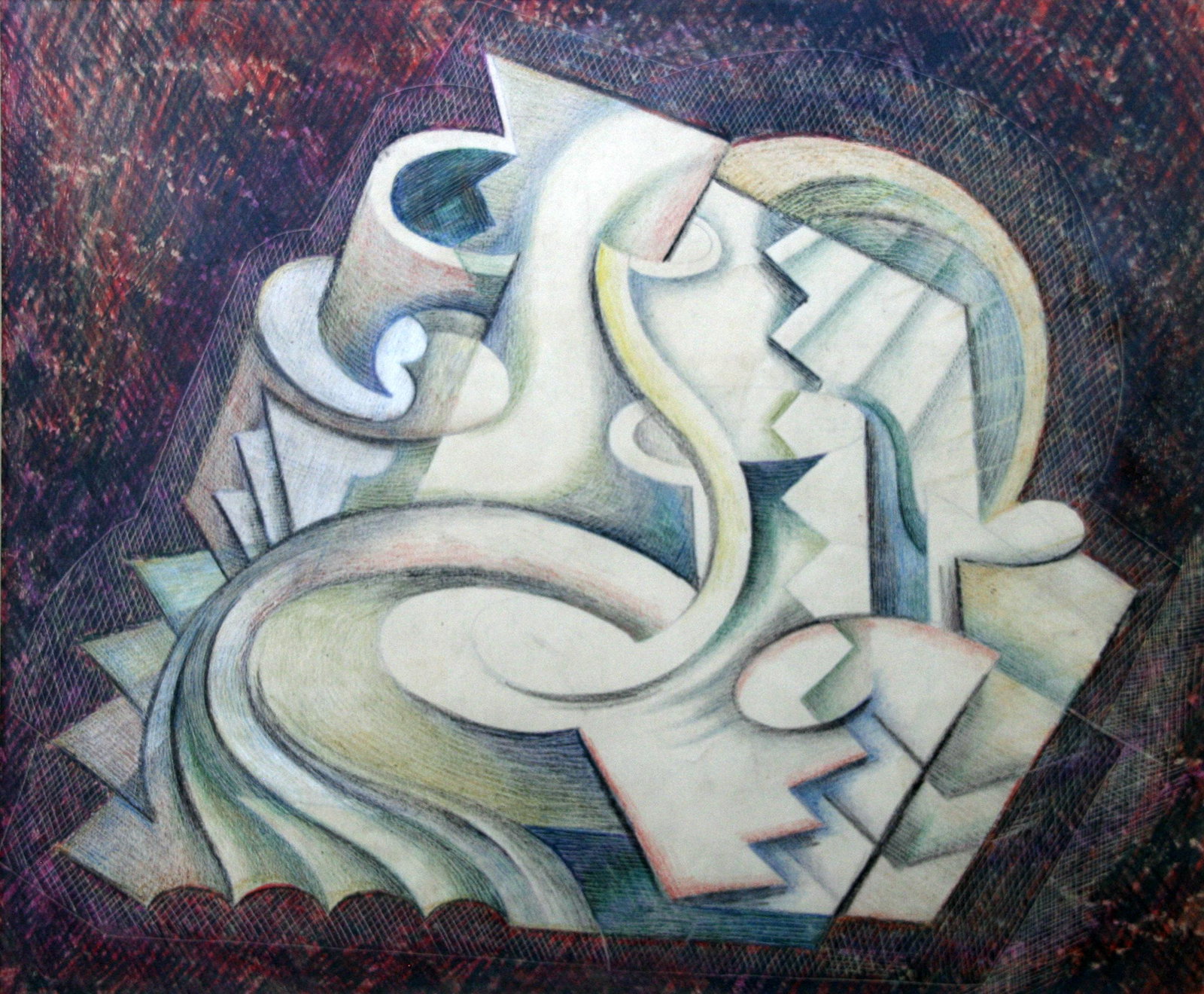 Louis Wolchonok (1898 - 1973): "Untitled"; c. 1960; Gouache, Colored Pencil and Sgraffito; 15.75" x 19.25"; Signed on Verso; Framed (under glass)