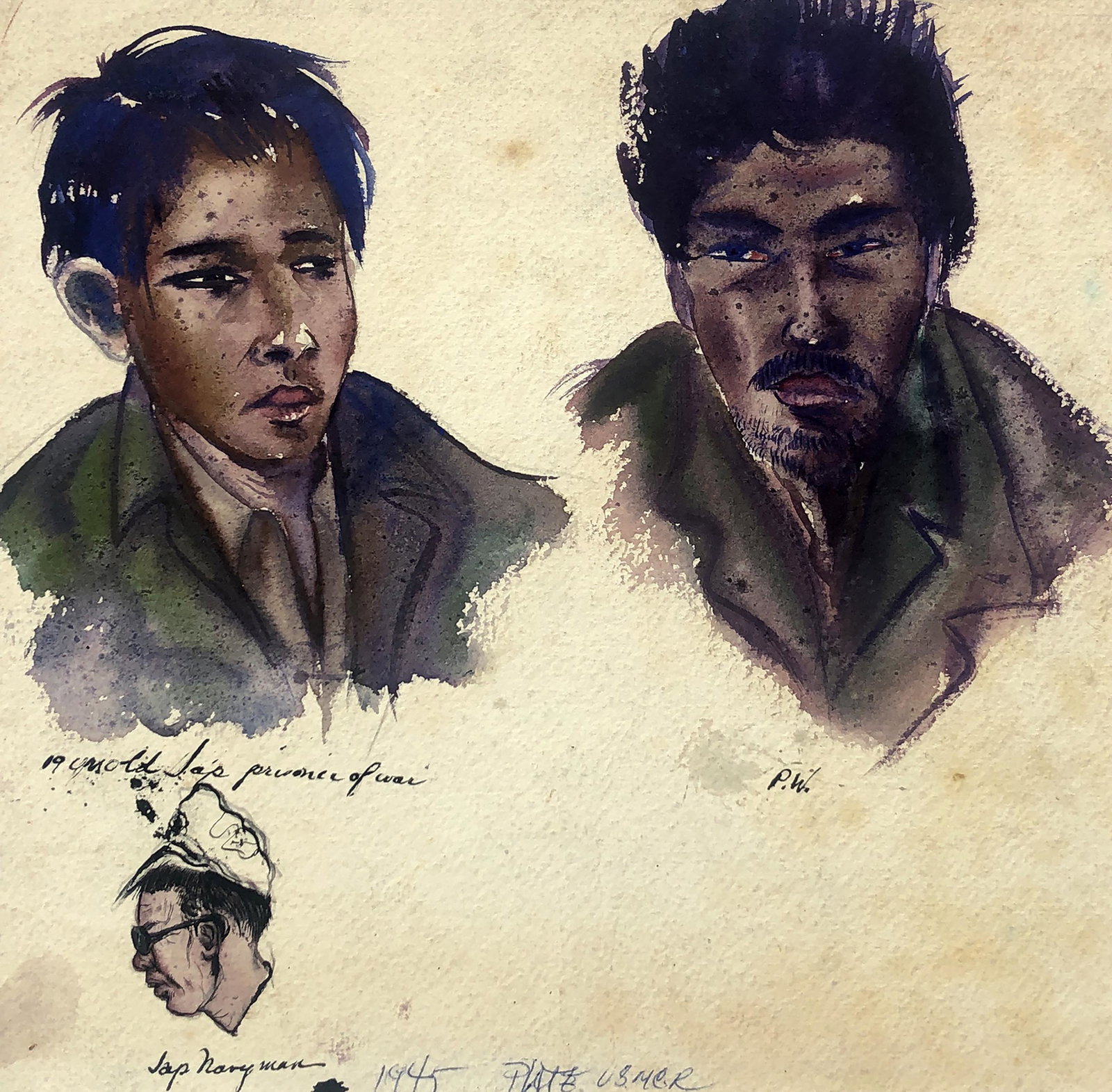 Walter "Bud" Plate (1925-1972): "Japanese Prisoners of War"; 1945; Watercolor on Paper; 10" x 10.5"; Signed Lower Center; Unframed.