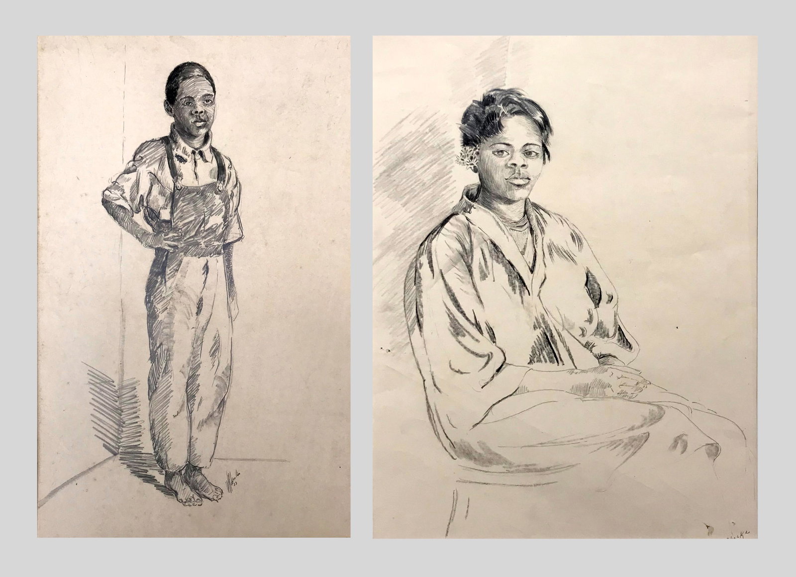 Walter Ronald Locke (1883-1949): LOT OF TWO: A. "Portrait of a Young Boy - Coconut Grove, FL"; 1933; Graphite on Paper; 10.75" x 7"; Signed Lower Right / B. "Portrait of a Seated Woman"; c. 1930; Graphite on Paper; 12" x 9"; Signed L