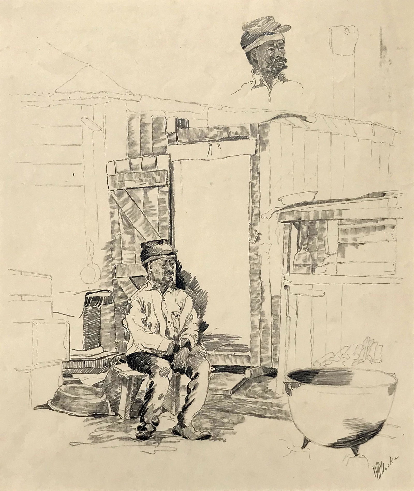 Walter Ronald Locke (1883-1949): "Asian Dock Worker"; c. 1935; Graphite on Paper; 13.5" x 11.5"; Signed Lower Right; Unframed; Note: sketch of an early camper on verso.