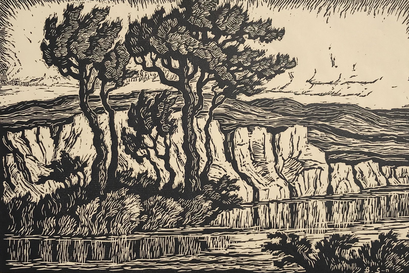 Birger Sandzen (1871 - 1954): "Sunshine Creek"; 1931; Linocut; 12" x 18"; Signed Lower Right; Unframed.