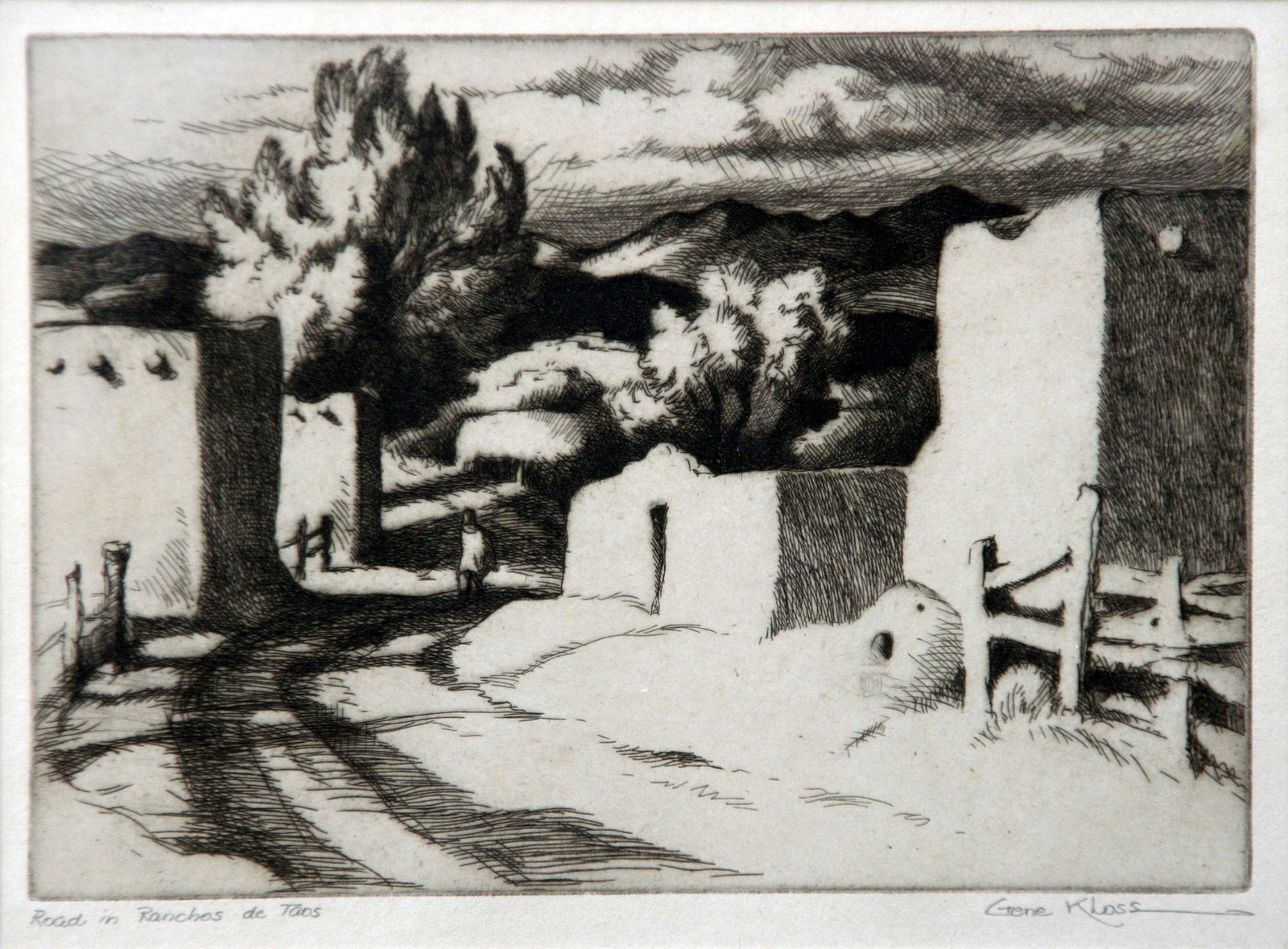 Gene Kloss (1903 - 1996): "Road in Ranchos de Taos"; c. 1940; Etching; 5" x 7.5"; Signed Lower Right; Framed (under glass); Note: "The Colonial Art Company" label on verso.