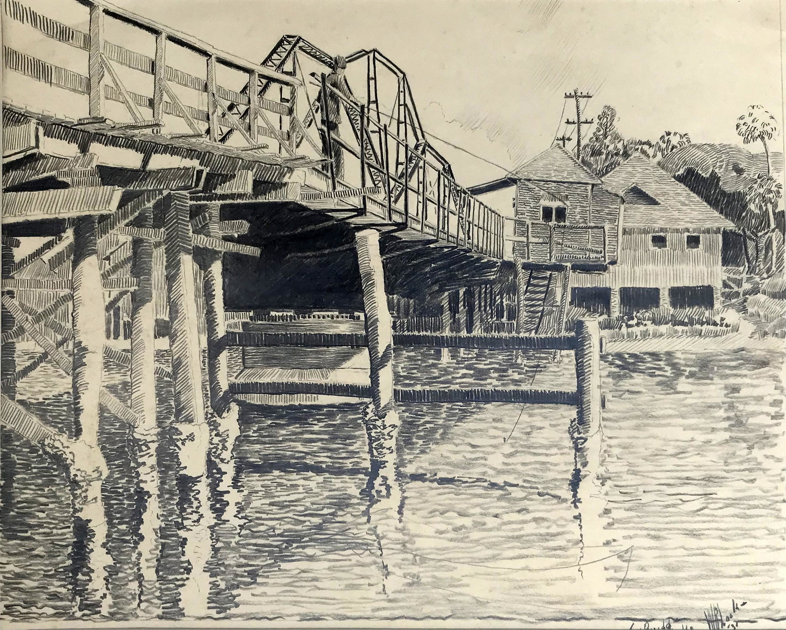 Walter Ronald Locke (1883-1949): "Toll Bridge - Indian Rocks, Florida"; 1931; Graphite on Paper; 8" x 10"; Signed Lower Right; Unframed