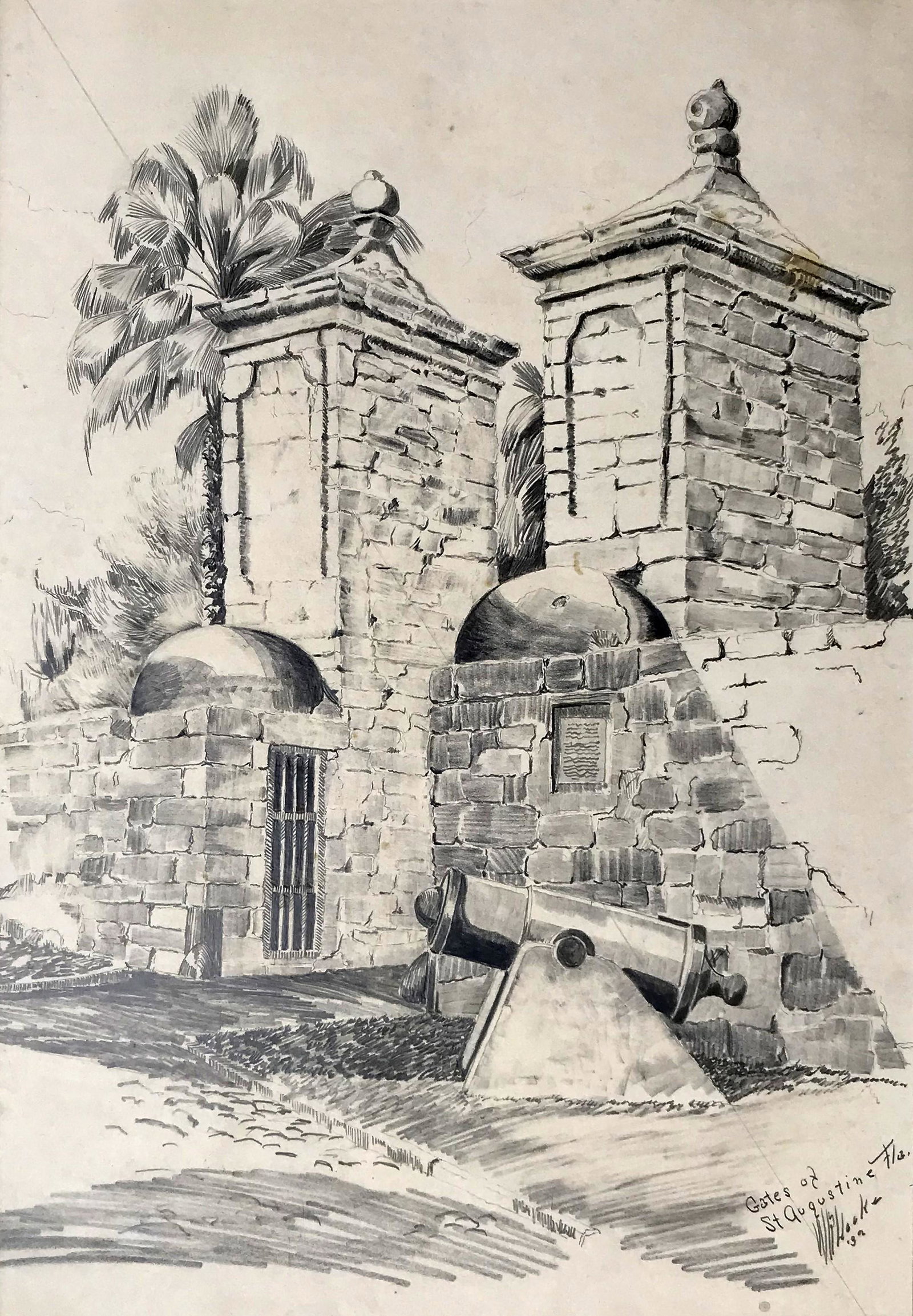 Walter Ronald Locke (1883-1949): "Gates of St. Augustine, Florida"; 1939; Graphite on Paper; 13" x 9"; Signed Lower Right; Unframed; Note: minor stain upper right
