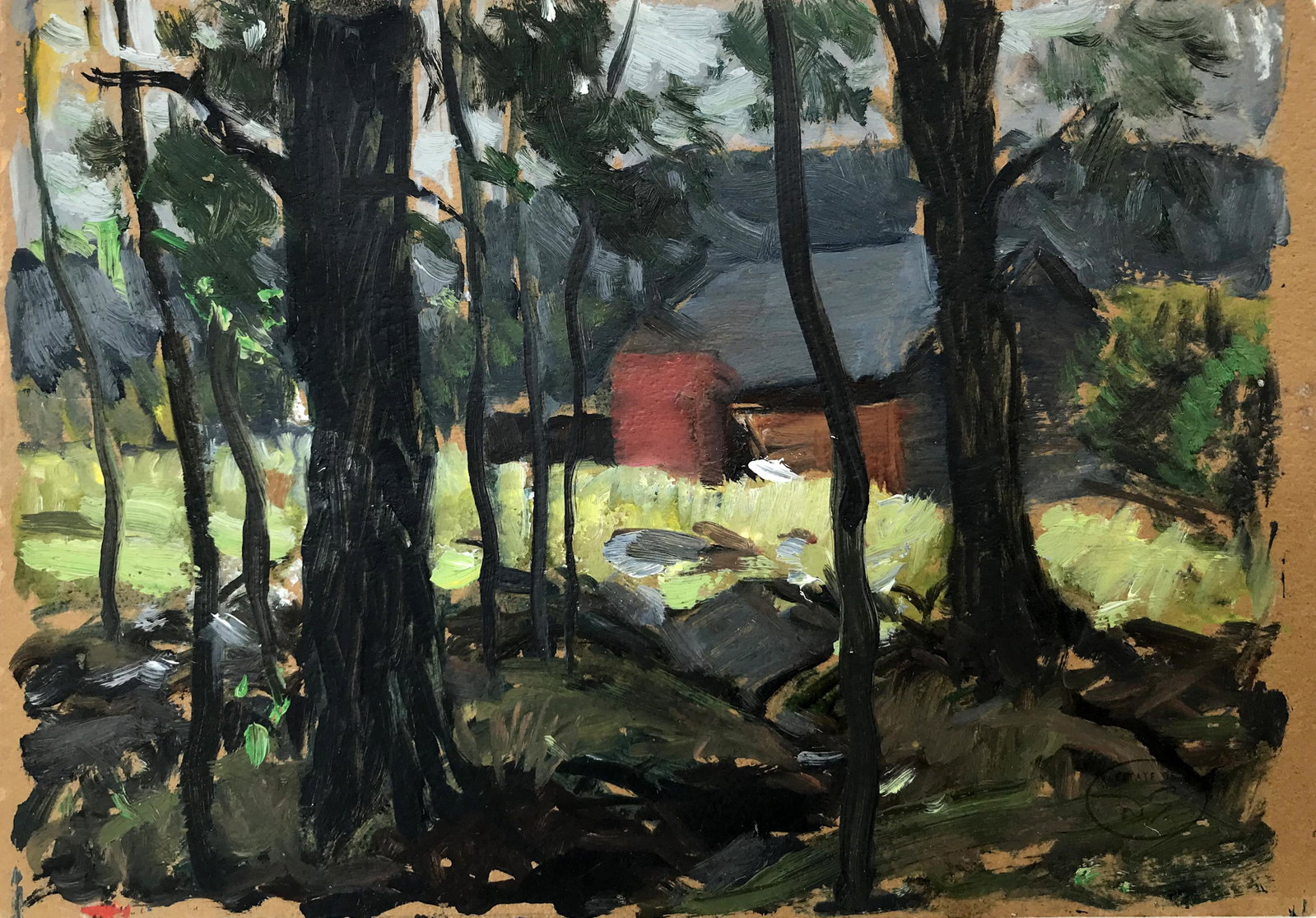 Dudley Summers (1892 - 1975): "Rick's Barn - Glasco Turnpike, Woodstock, NY"; c. 1950; Oil on Board; 5.75" x 7.5"; Signed on Verso