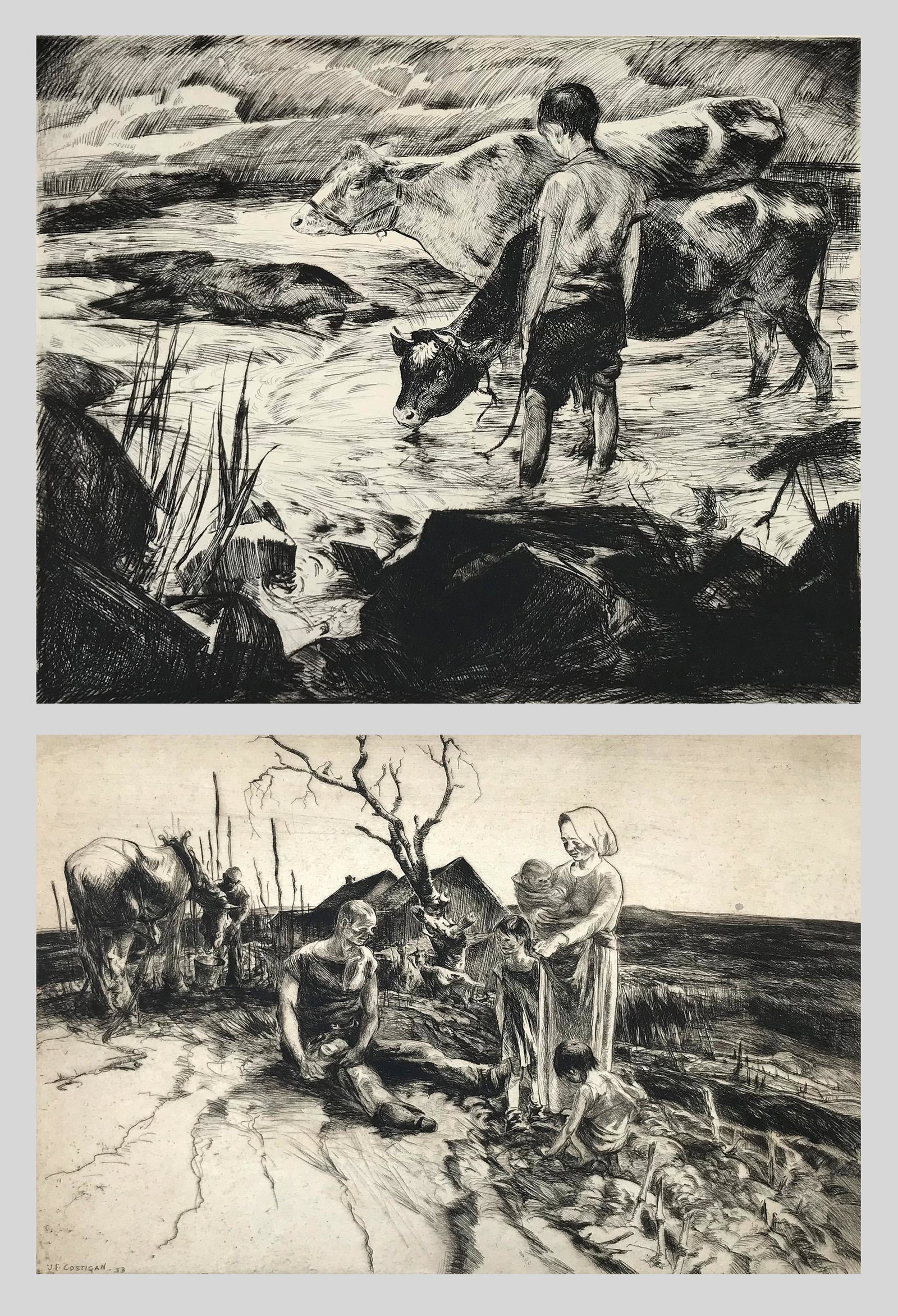 John Edward Costigan (1888 - 1972): LOT OF TWO: A. "Boy with Cows"; 1942; Etching; 10" x 12"; Signed Lower Right / B. "Workers in the Field"; 1933; Etching; 8.5" x 12.75"; Signed Lower Right
