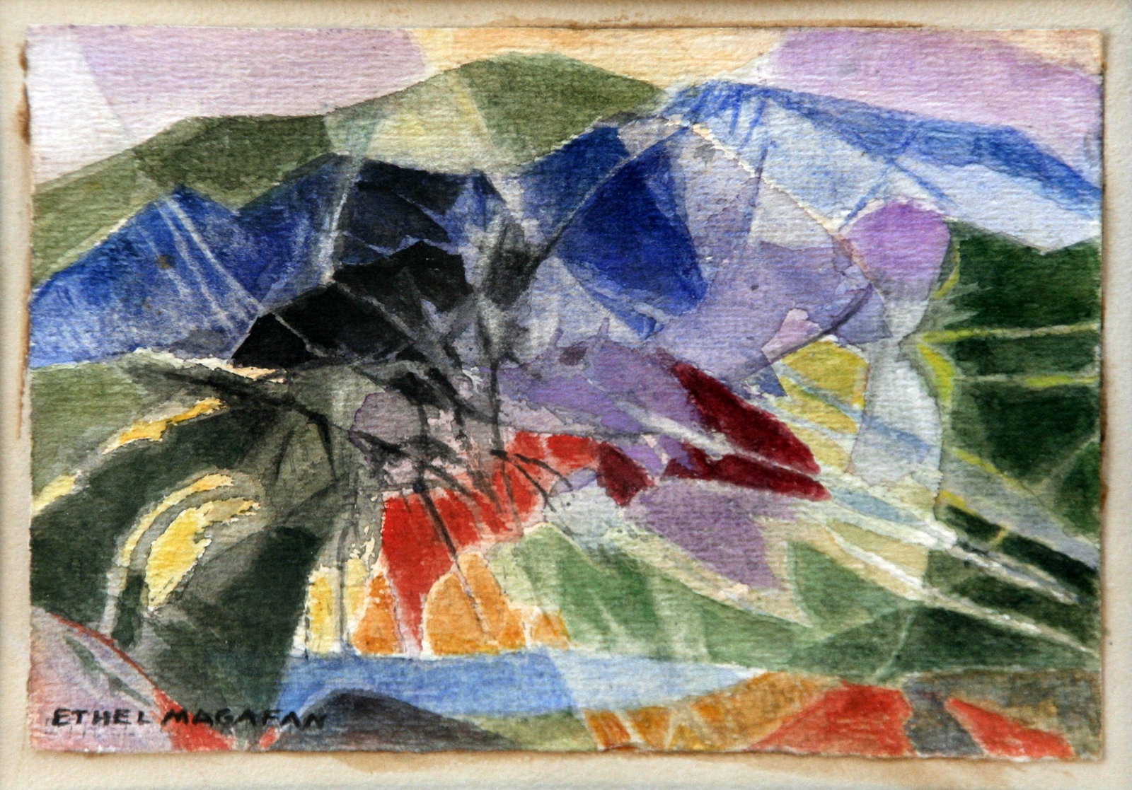 Ethel Magafan (1916 - 1993): "Mountain Lake"; c. 1970; Watercolor on Paper; 5" x 7"; Signed Lower Left; Framed (under glass).