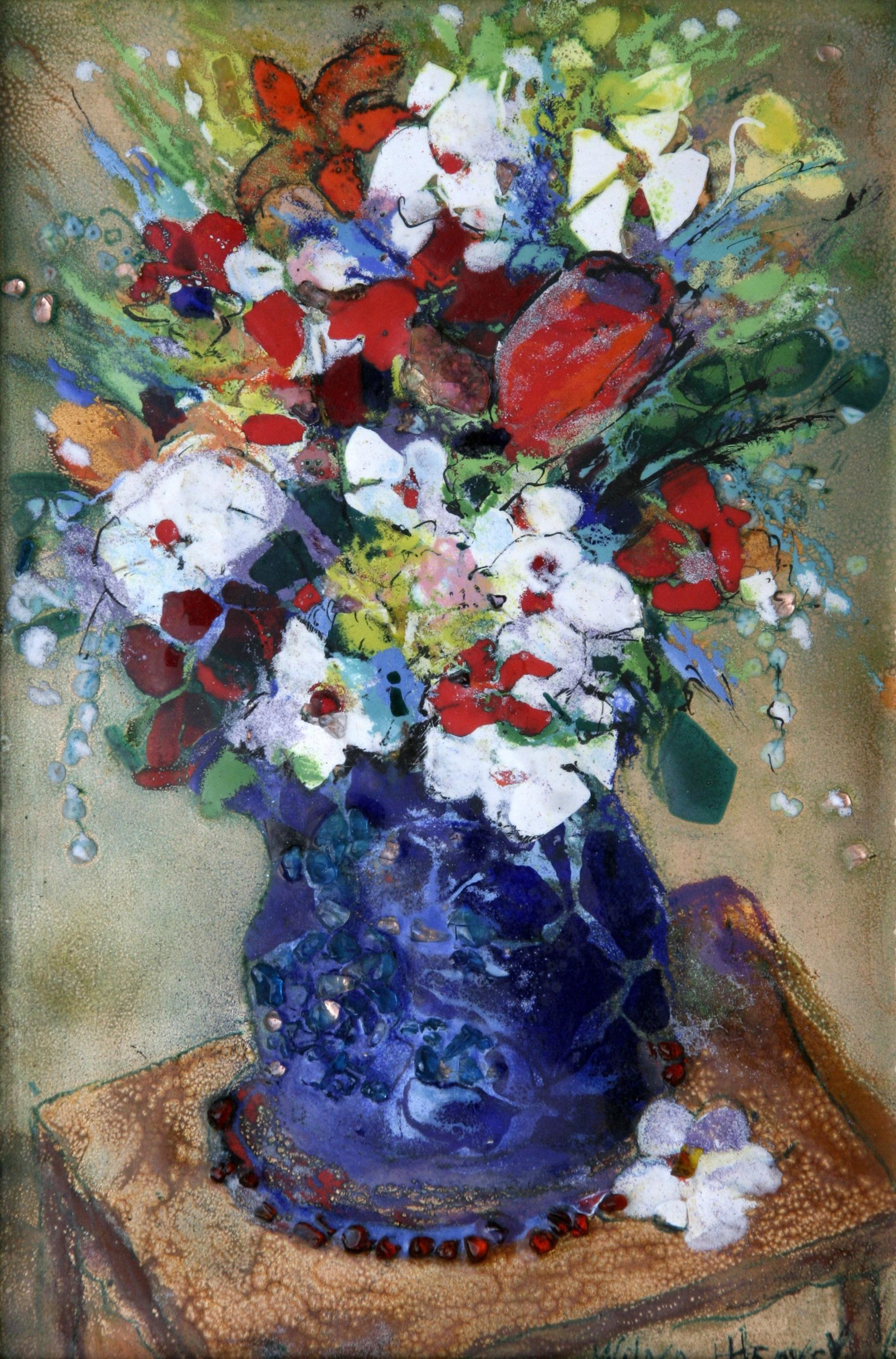 Wilna Hervey (1894 - 1979): "Still-Life"; c. 1965; Enamel on Copper; 8.75" x 5.75"; Signed Lower Right; Framed; Note: "Rudolph Galleries, Coral Gables, FL" stamp on verso.