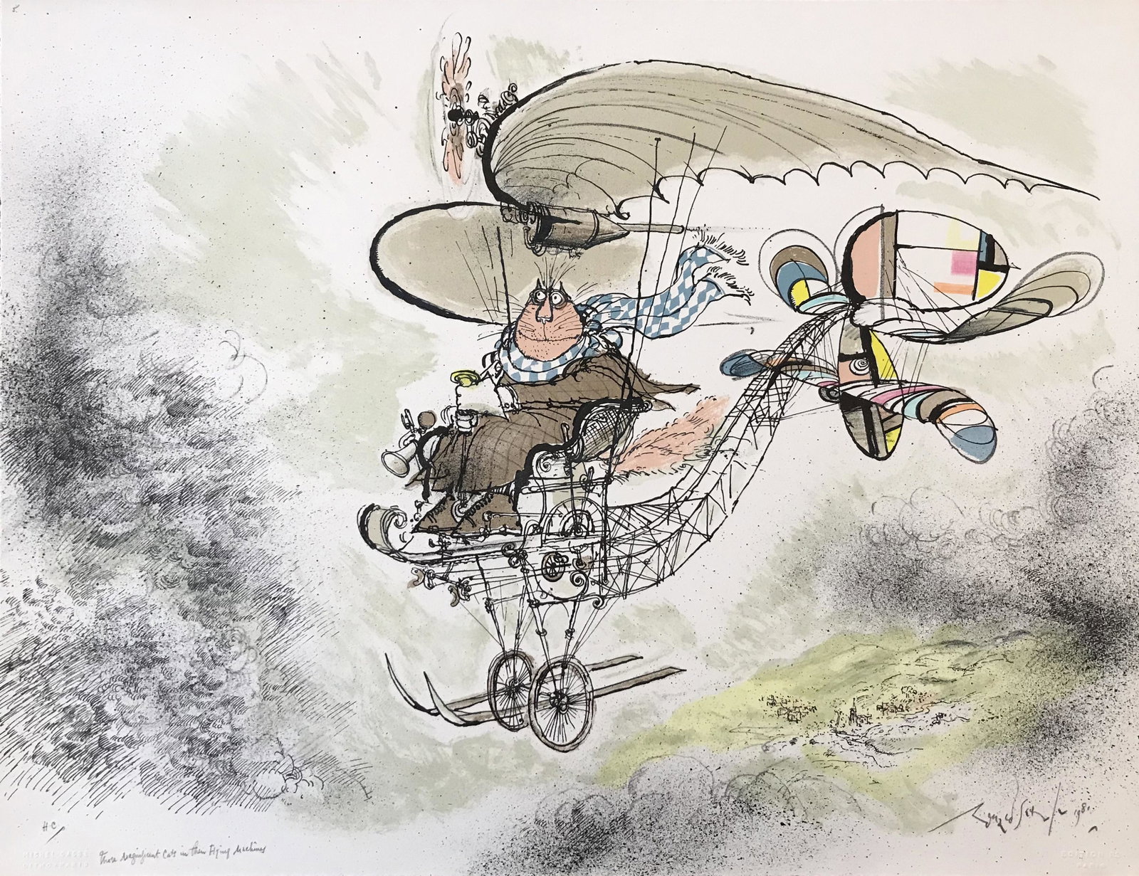 Ronald Searle (1920 - 2011): "Those Magnificent Cats in Their Flying Machines"; 1981; Lithograph; 19.5" x 25.5"; Signed Lower Right; Unframed; Note: Published by Edition RS, Paris; Printed by Michel Casse, Paris.
