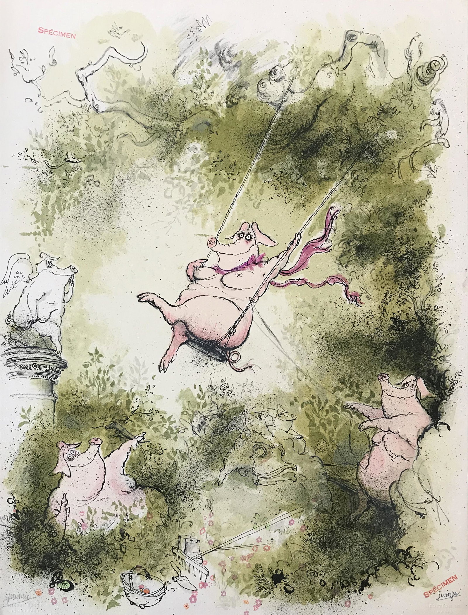 Ronald Searle (1920 - 2011): "Swinger"; 1980; Lithograph; 24.5" x 19.25"; Signed on Verso; Unframed; Note: Published by Edition RS, Paris; Printed by Michel Casse, Paris.