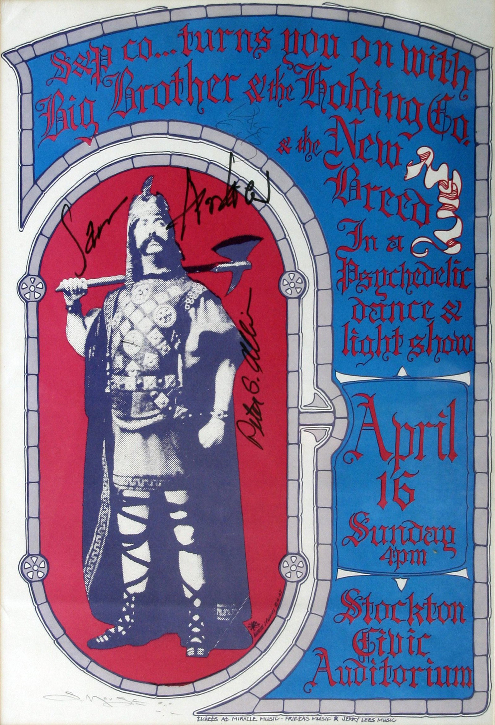 Stanley Mouse (b. 1940): "Big Brother and the Holding Co. - Stockton Civic Auditorium"; 1967; Lithograph; 19.75" x 13.75"; Signed Lower Left; Framed (under glass); Note: autographed by Peter Albin, Sam Andrews and David Getz