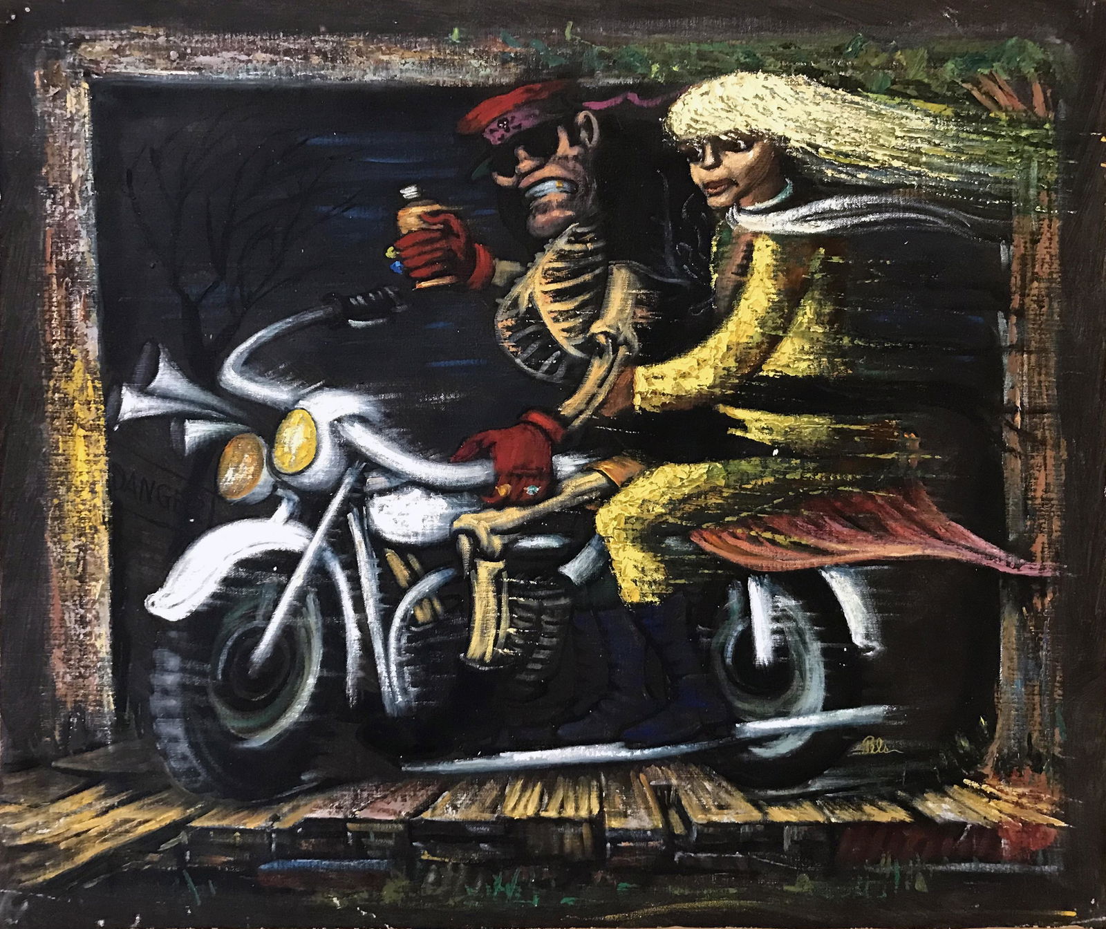Albert Pels (1910 - 1998): "Death on a White Bike on the Way to Hell"; c. 1970; Oil on Canvas (unstretched); 22" x 26"; Signed Lower Right; Unframed