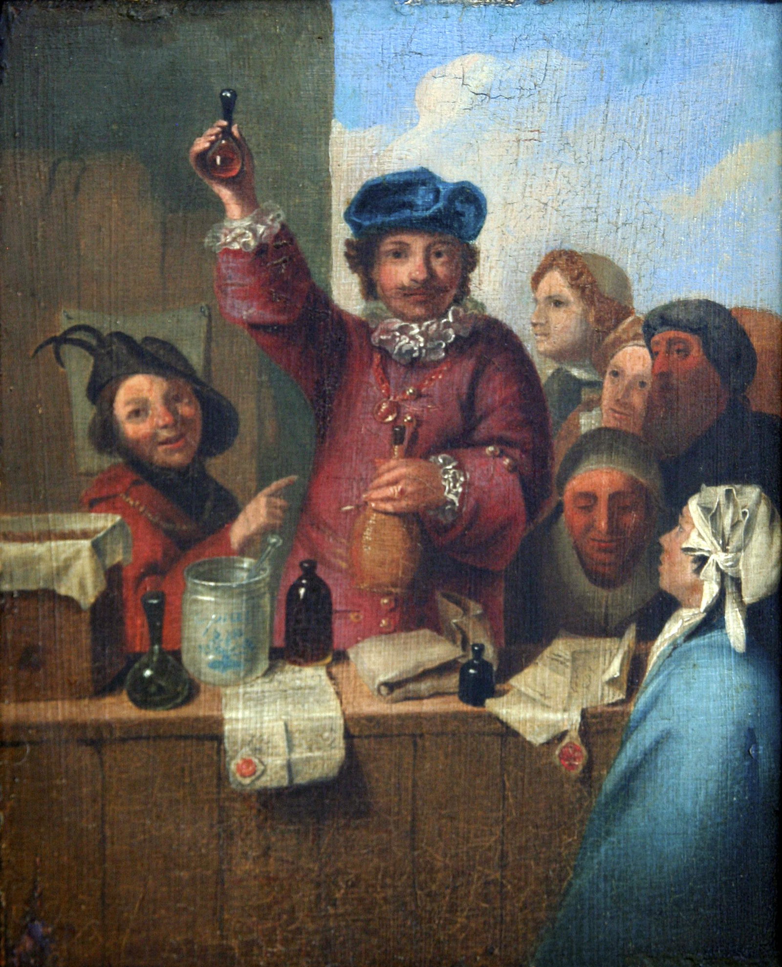 Unknown (European): "Potion Seller"; 19th Century; Oil on Wood Panel; 10" x 8"; Unsigned; Framed; Note: normal aging