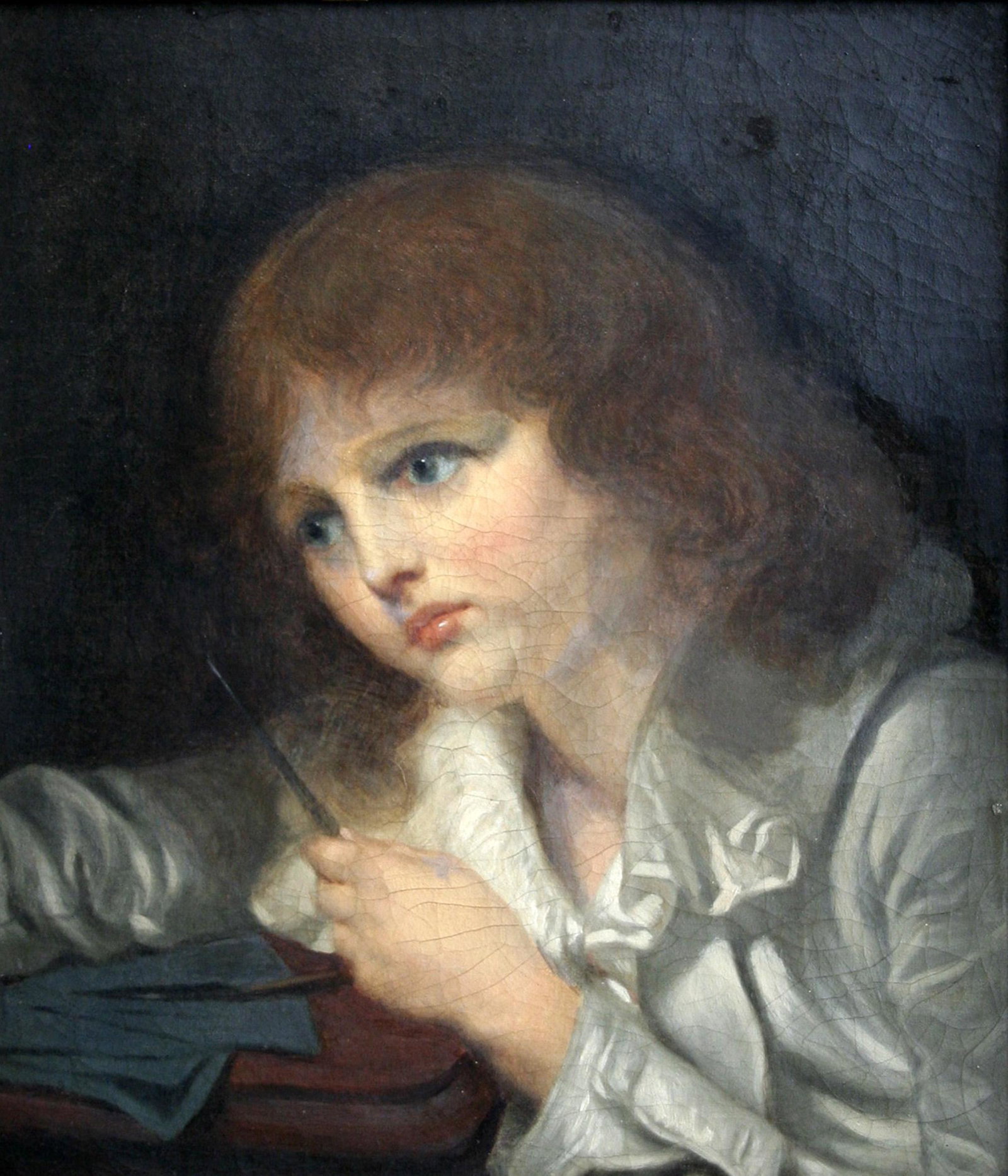 Attributed to Jean-Baptiste Greuze (1725- 1805): "The Little Mathematician"; 18th Century; Oil on Canvas; 18" x 15"; Unsigned; Framed; Note: original period frame; "Cleveland Museum of Art" label on verso.