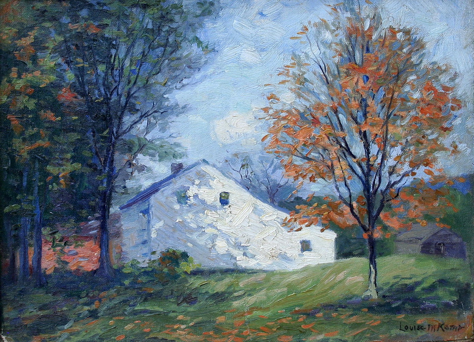 Louise M. Kamp (1867 - 1959): "Landscape"; c. 1940; Oil on Board; 11.5" x 15.5"; Signed Lower Right; Framed; Note: period carved frame.