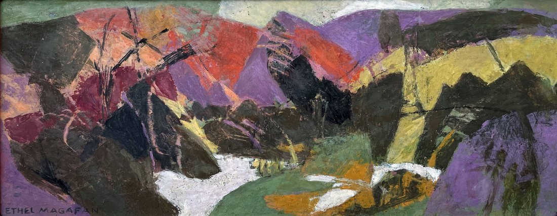 Ethel Magafan (1916 - 1993): "Snow in the Mountains"; c. 1970; Oil on Board; 7" x 17"; Signed Lower Left; Framed.