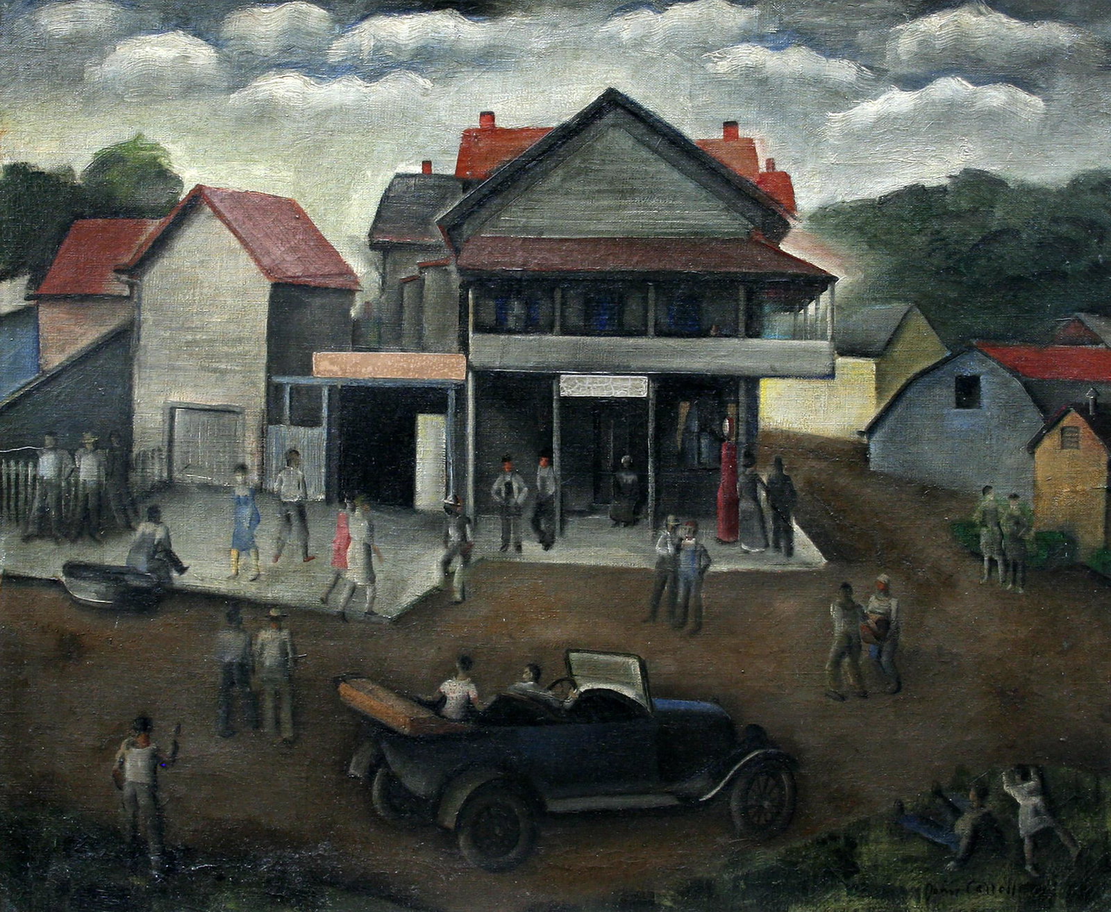 John Carroll (1892 - 1959): "Village Center"; c. 1930; Oil on Canvas; 24.5" x 29.5"; Signed Lower Right; Framed; Note: canvas has been professionally relined.
