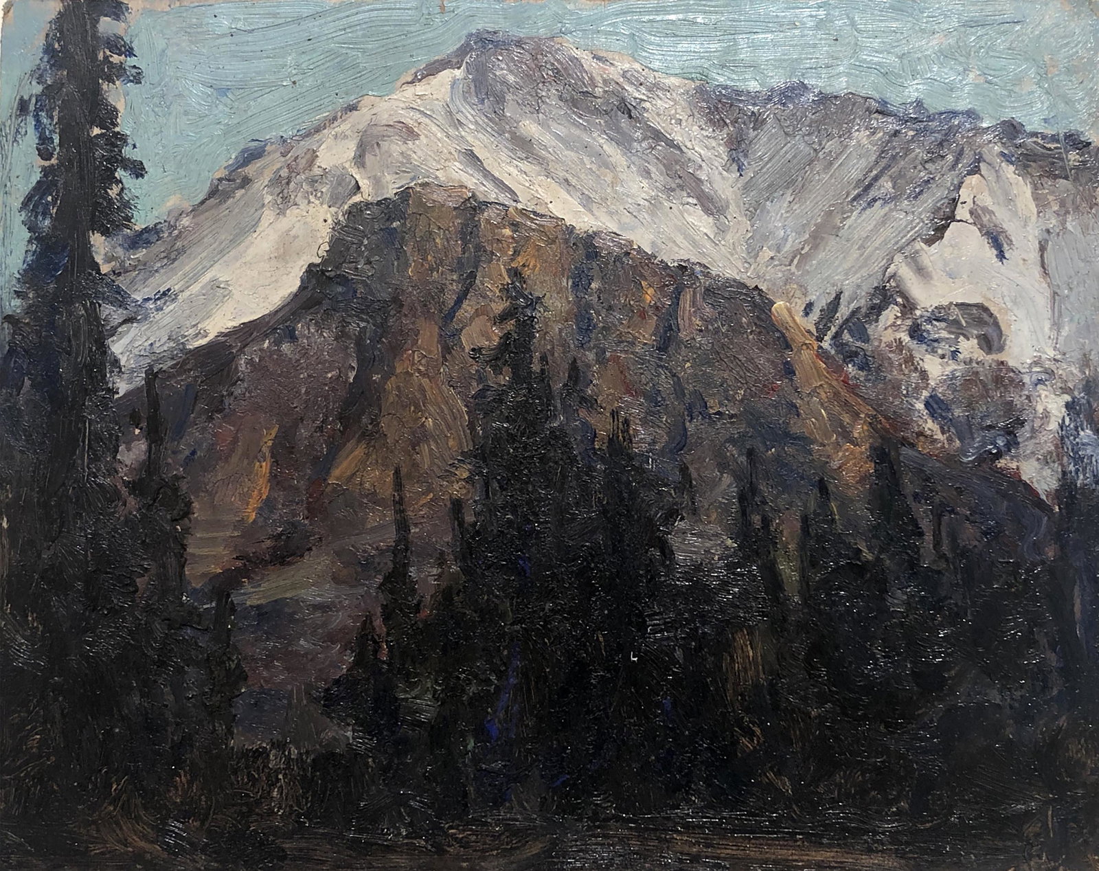 Robert van Vorst Sewell (1860 - 1924): "Mountain Landscape - Snow in Distant Peaks - Alaska"; c. 1920; Oil on Board; 7.5" x 9.5"; Estate Stamp on Verso; Unframed.