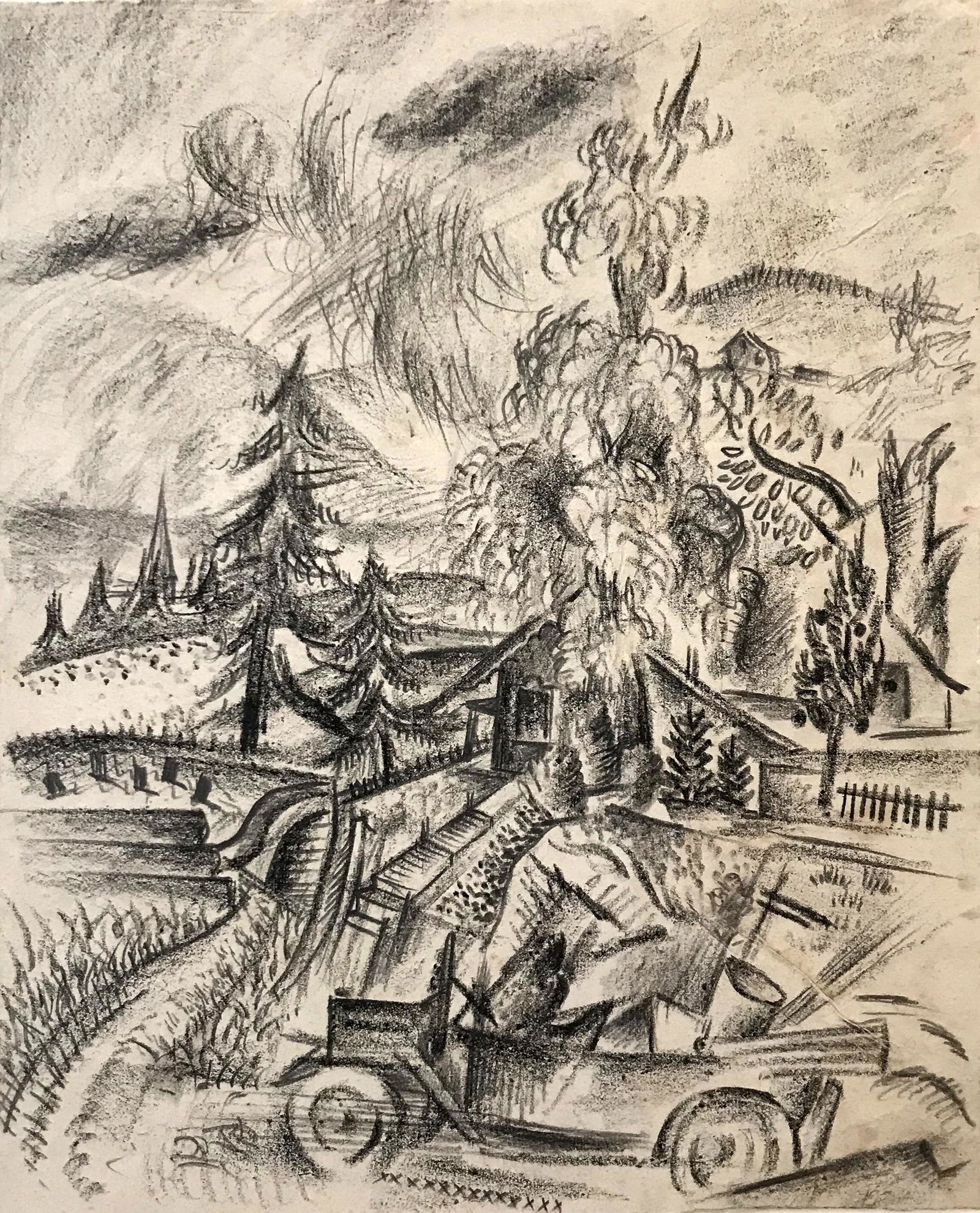 Konrad Cramer (1888 - 1963): "Cubist Landscape with Automobile"; c. 1925; Graphite on Paper; 8.75" x 7"; Estate Stamp Lower Right (on matte); Unframd.