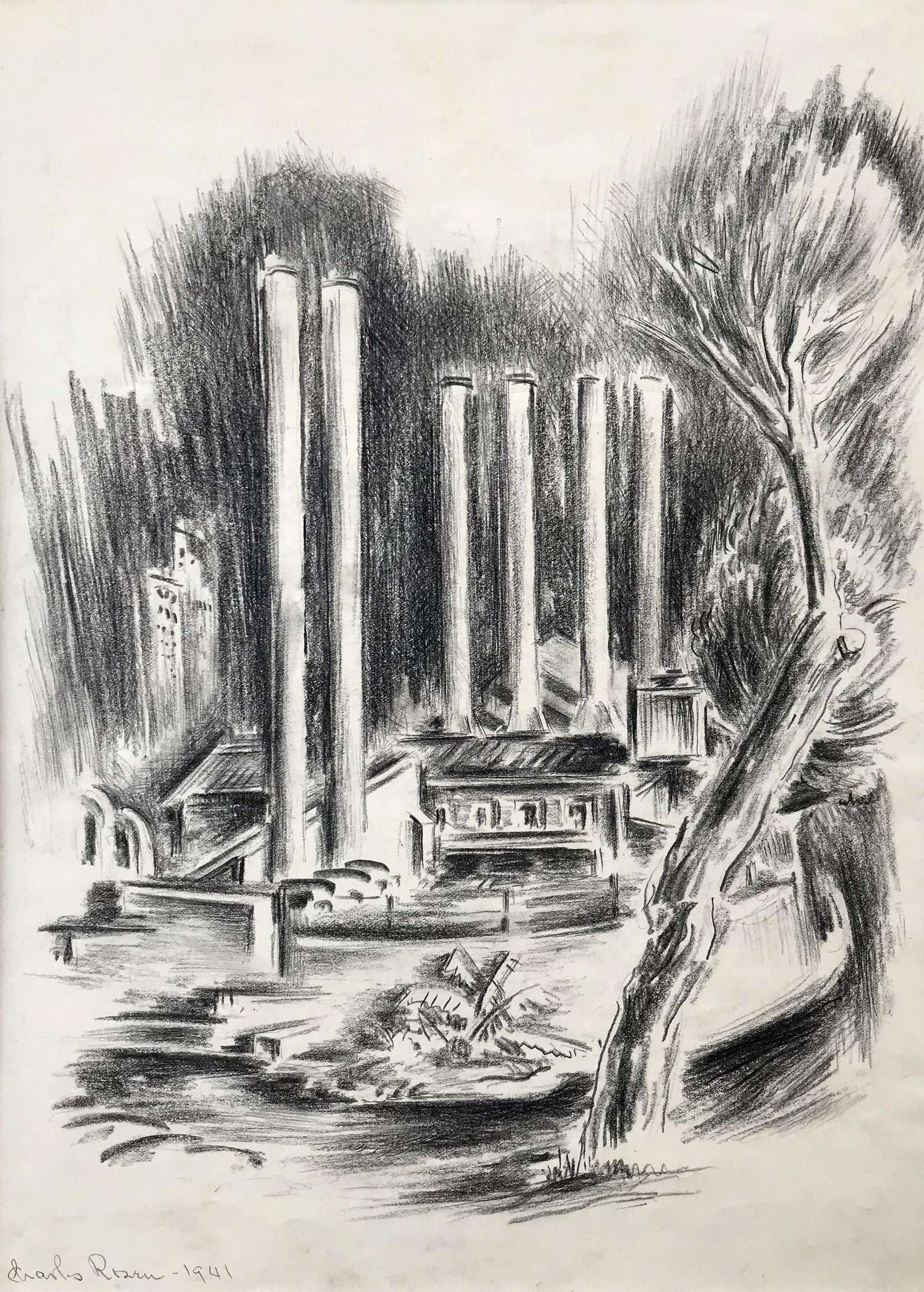 Charles Rosen (1878 - 1950): "San Antonio, Texas"; 1941; Charcoal on Paper; 17" x 12"; Signed Lower Left; Unframed.