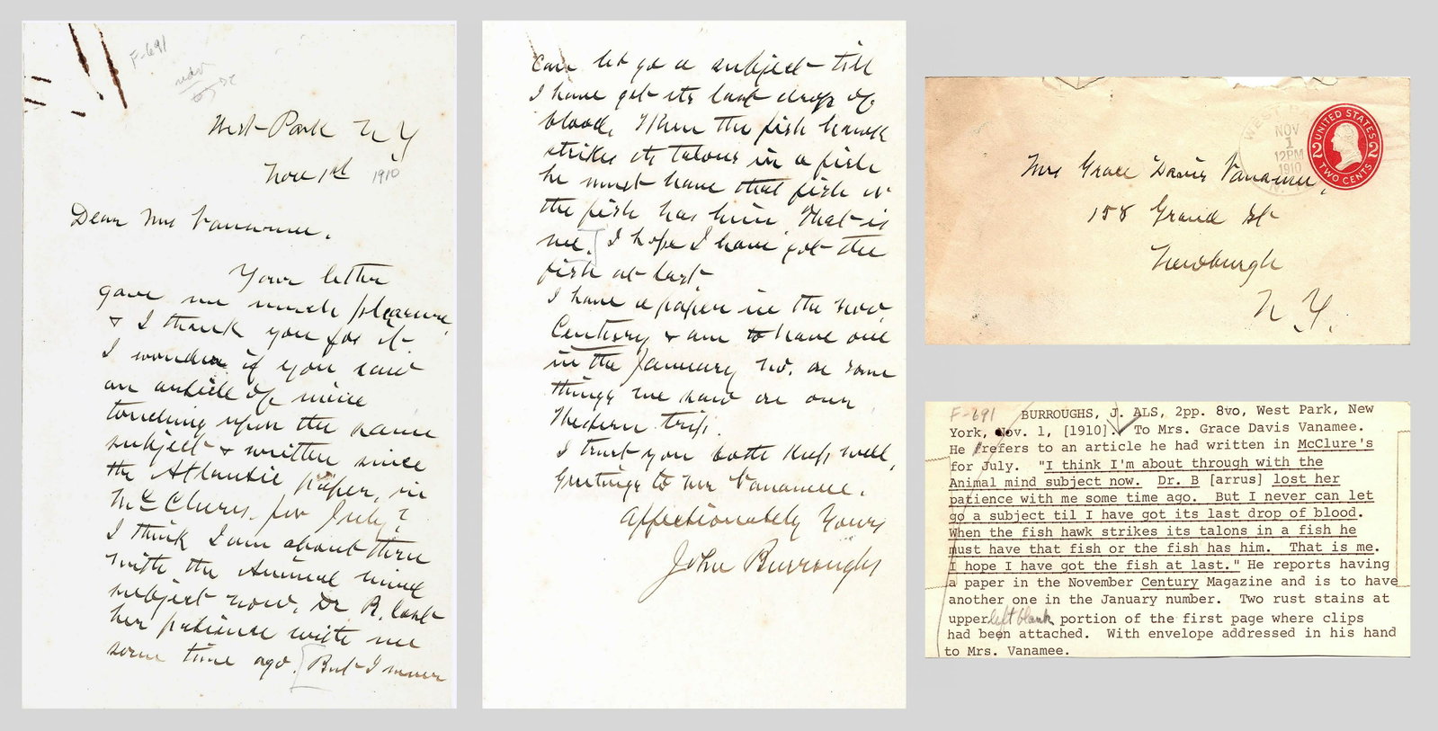 John Burroughs (1837 -1921): Letter to Grace D. Vanamee (1867 - 1946) - American Suffragist, Teacher, Writer and Poet, NY; November 1, 1910; 8" x 10"; Signed Lower Right; Unframed. Note: with original envelope.
