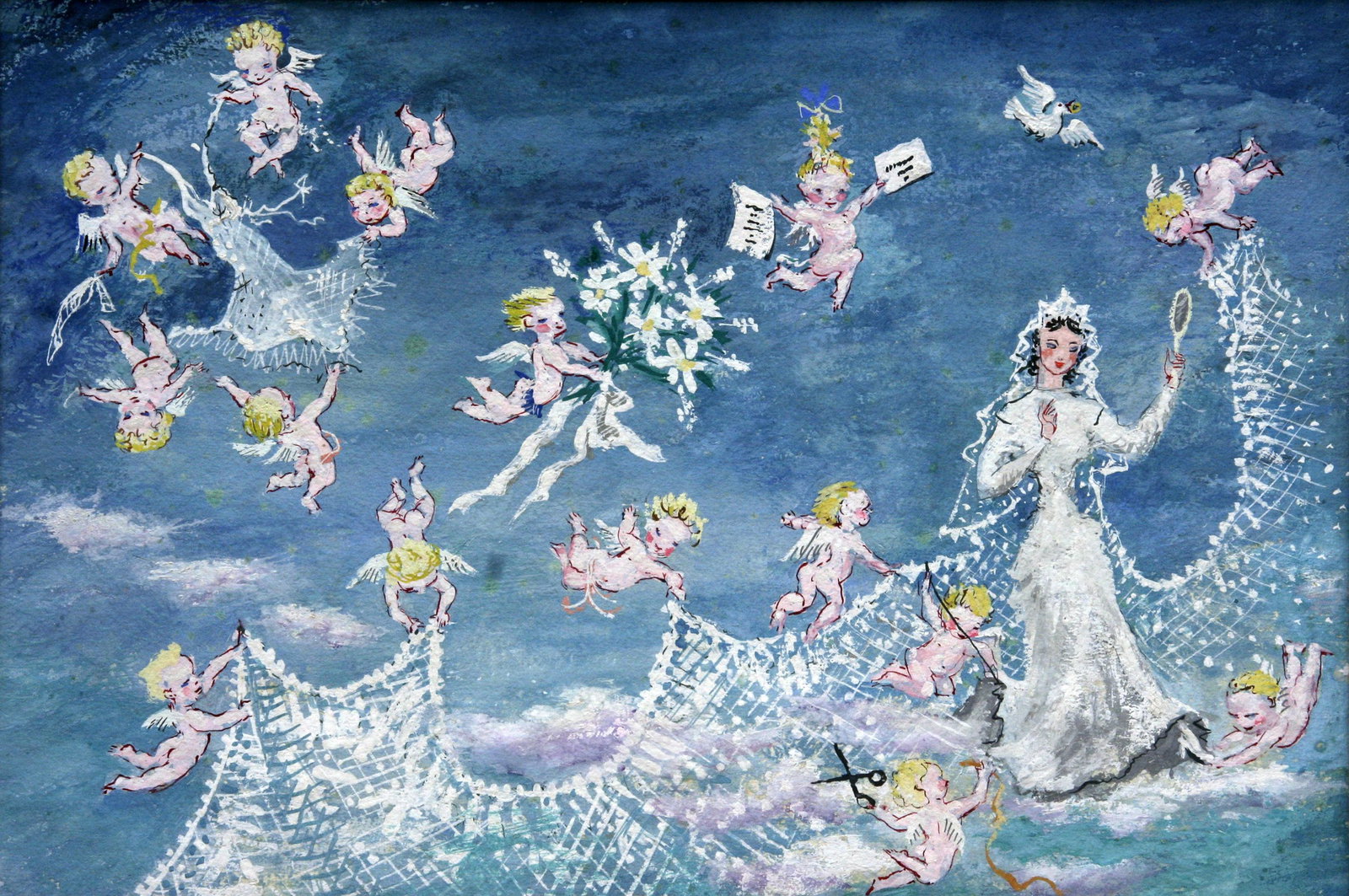 Petra Cabot (1907-2006): "Wedding Bliss"; c. 1940; Gouache on Paper; 11.5" x 16.75"; Signed Lower Right (on matte); Unframed.