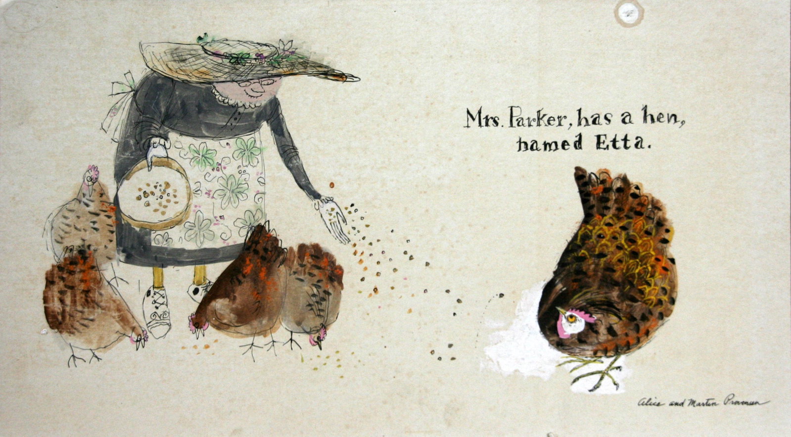 Alice & Martin Provensen: "Mrs. Parker, has a hen, named Etta"; 20th Century; Ink and Gouache on Board; 10.25" x 18"; Signed Lower Right; Unframed.
