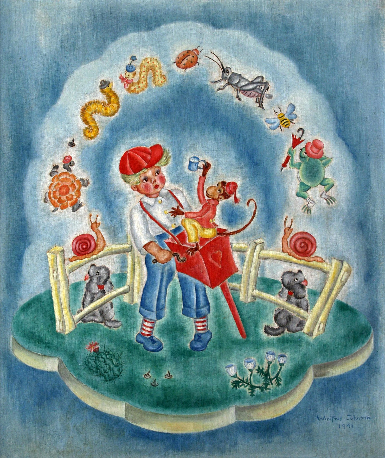 Winifred Johnson (1906 - 2001): "Young Organ Grinder"; 1941; Oil on Canvas; 35" x 30"; Signed Lower Right; Framed.