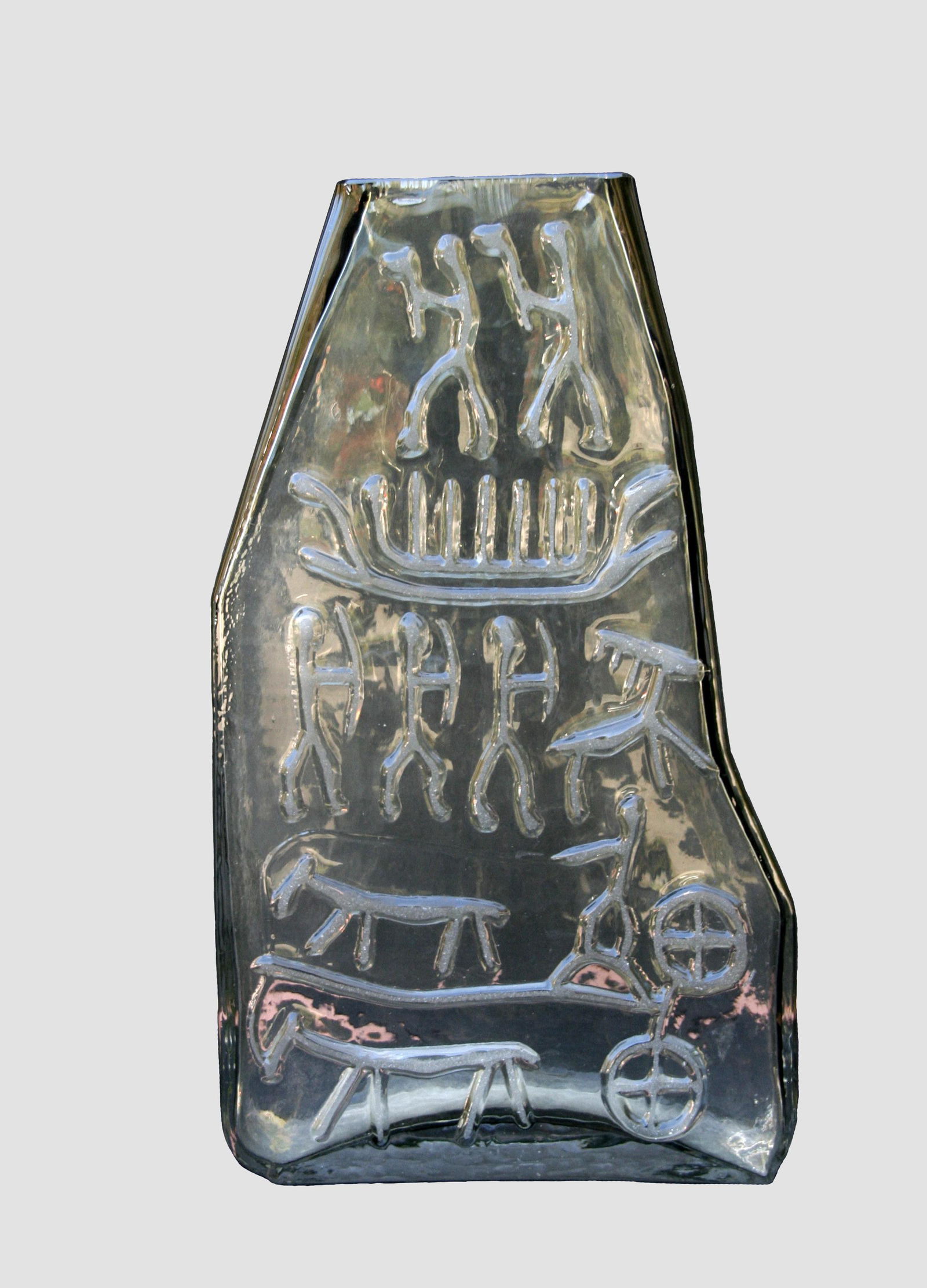 Wiktor Berndt: Relief Glass Vase; c. 1960s; 9.75" x 5.75" x 2"; Signed on Bottom; Note: Wiktor Berndt for Flygsfors Maleras Sweden.