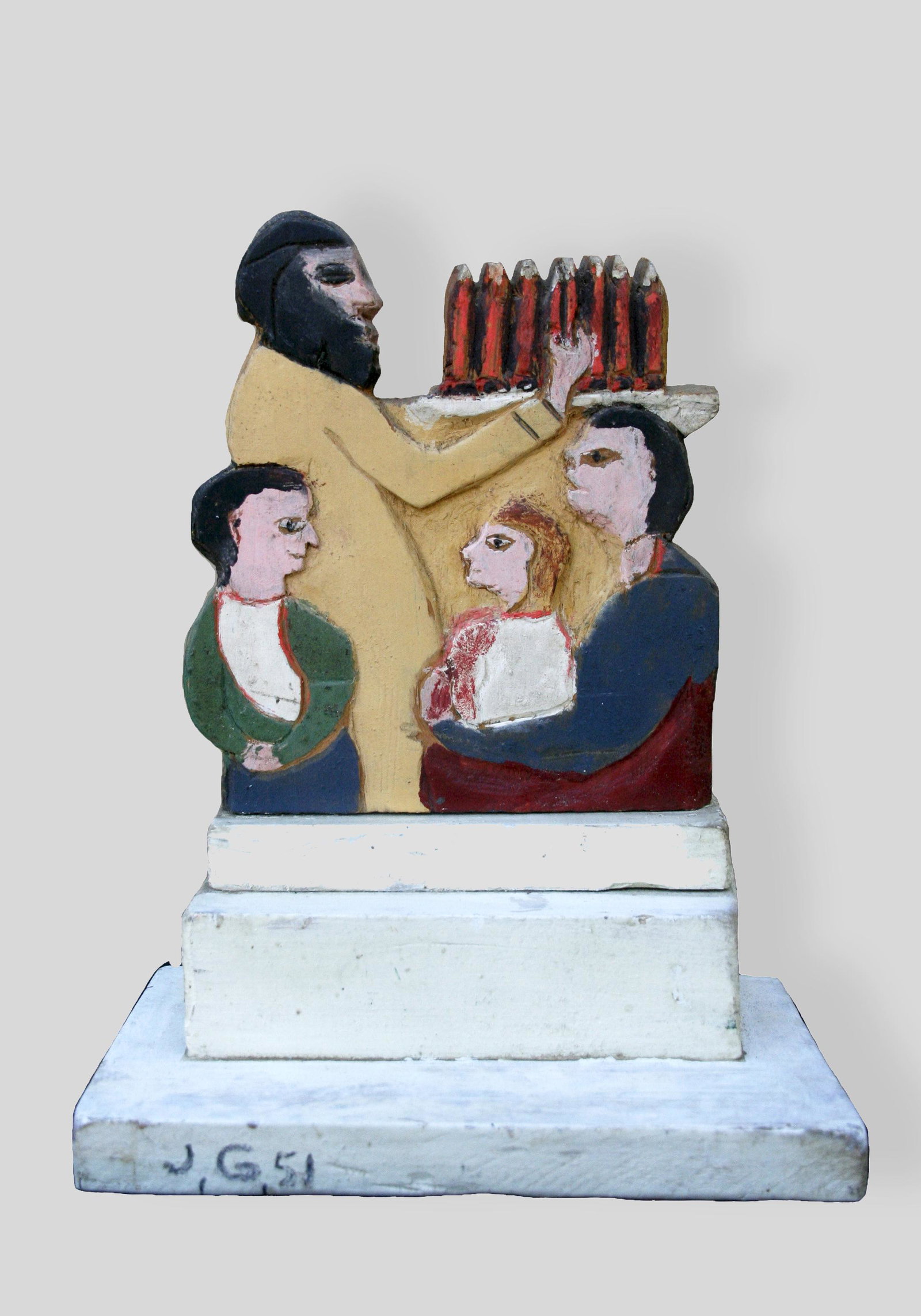 Joseph Garlock (1884-1980): "Shabbat"; 1951; Carved and Polychromed Wood on Painted Wood Base; 10" H x 7.75" W x 5" D; Signed Lower Left on Base