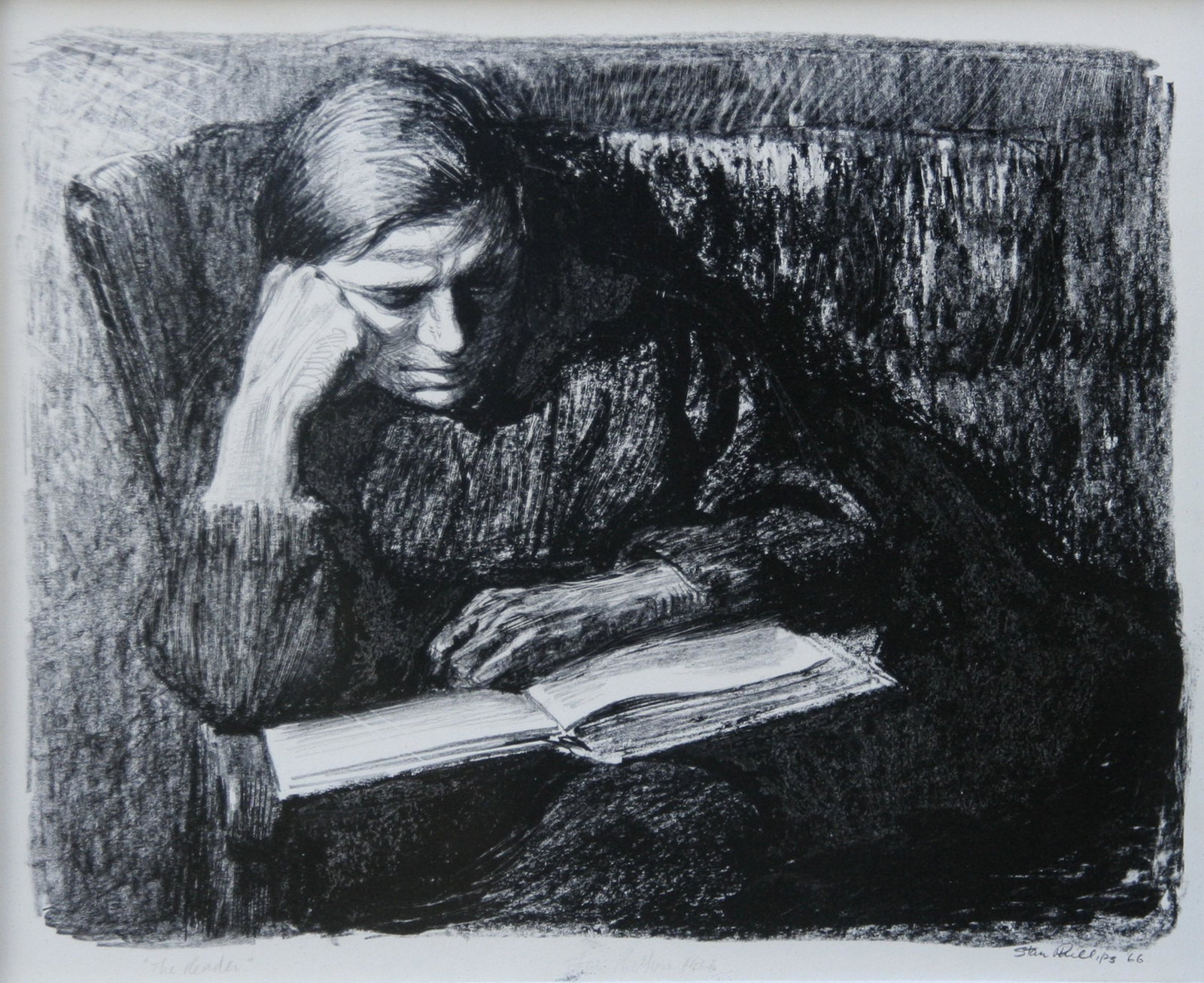 Stan Phillips (1924 - 2012): "The Reader"; 1966; Lithograph; 8.5" x 10"; Signed Lower Right; Framed (under glass).