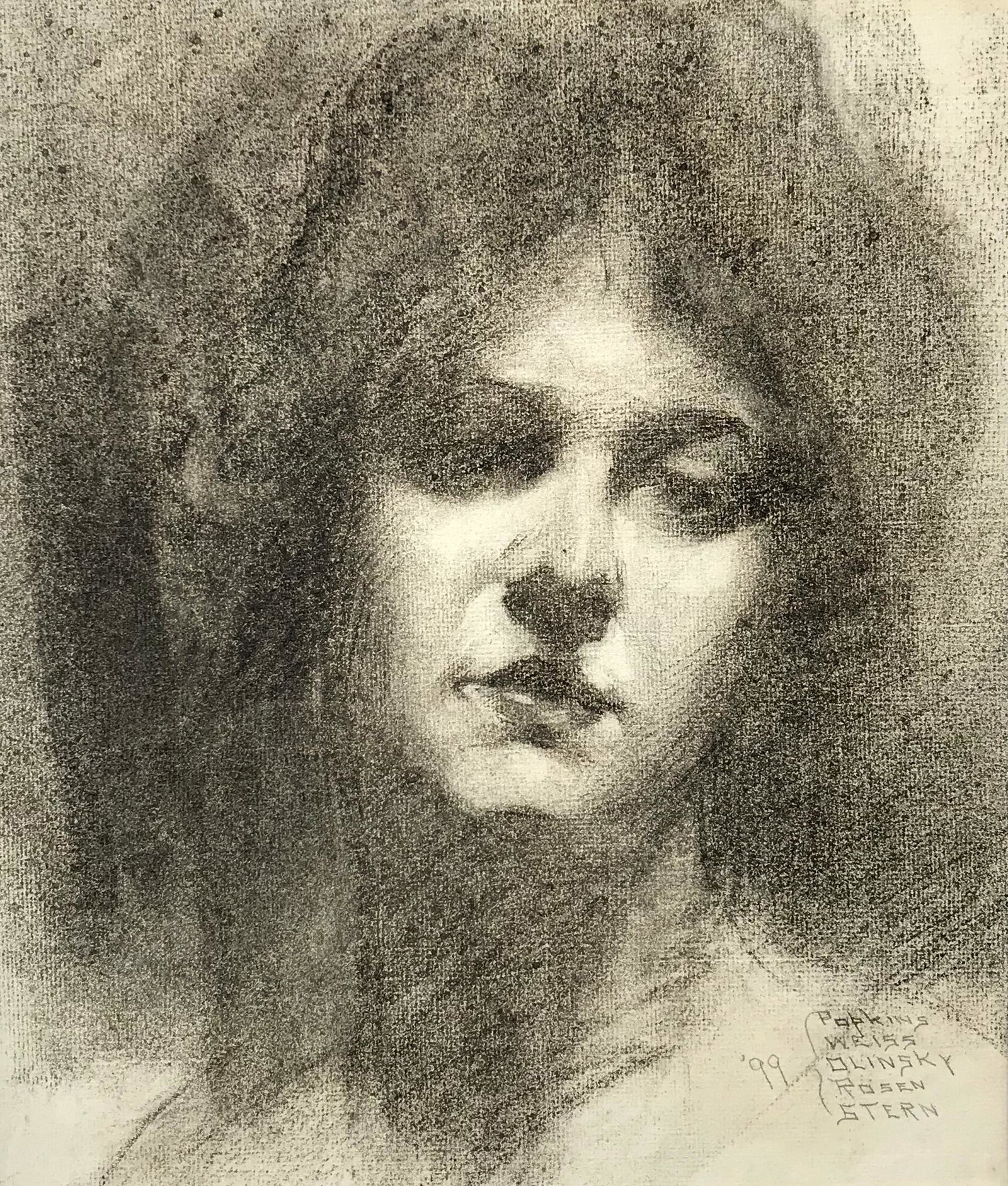 Pennsylvania Academy Artists: "Portrait Study"; 1899; Charcoal on Paper; 14" x 11"; Signed Lower Right; Unframed; Note: signed lower right " '99 { Popkins, Weiss, Olinsky, Rosen, Stern". All friends and students at the Pennsylvani