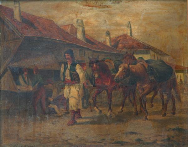 unknown - Eastern Marketplace: Name: unknown (?) Title: Eastern Marketplace Date of piece: nd Medium: oil on board Signature: lower left Size: 8x10 Framed: yes Reserve: No note: Inscr