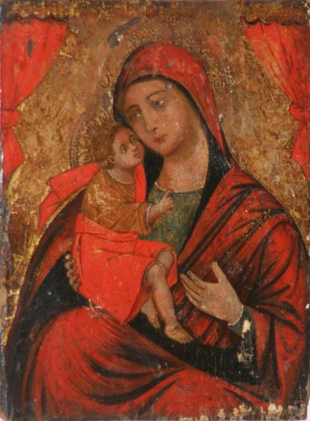 Unknown - Madonna and Child Icon: Name: Unknown Title: Madonna and Child Icon Date of piece: 19th Century Medium: oil on panel Signature: unsigned Size: 13.5x10.75 Framed: no Notes: Condition note: