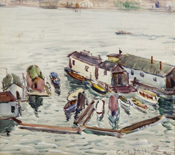 Carl Walters - Harbor Scene: Name: Carl Walters Title: Harbor Scene Date of piece: nd Medium: watercolor Signature: lower right Size: 10.5x12 Framed: yes Reserve: No